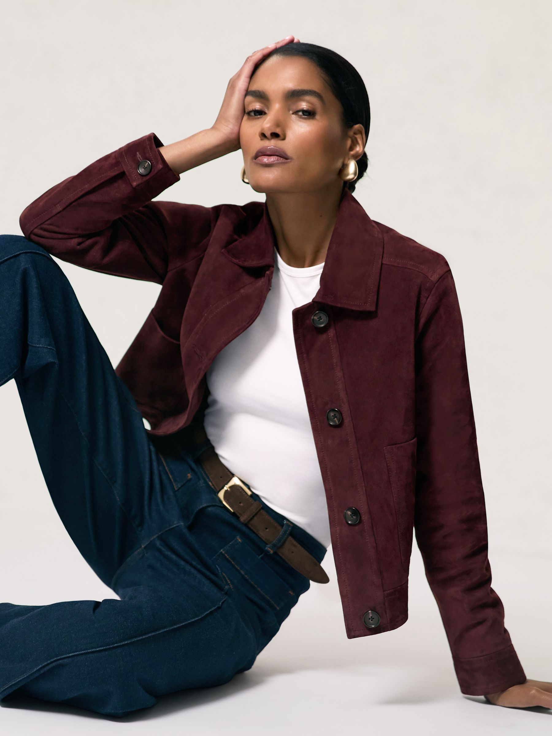 Petite Suede Button-Through Jacket in Burgundy