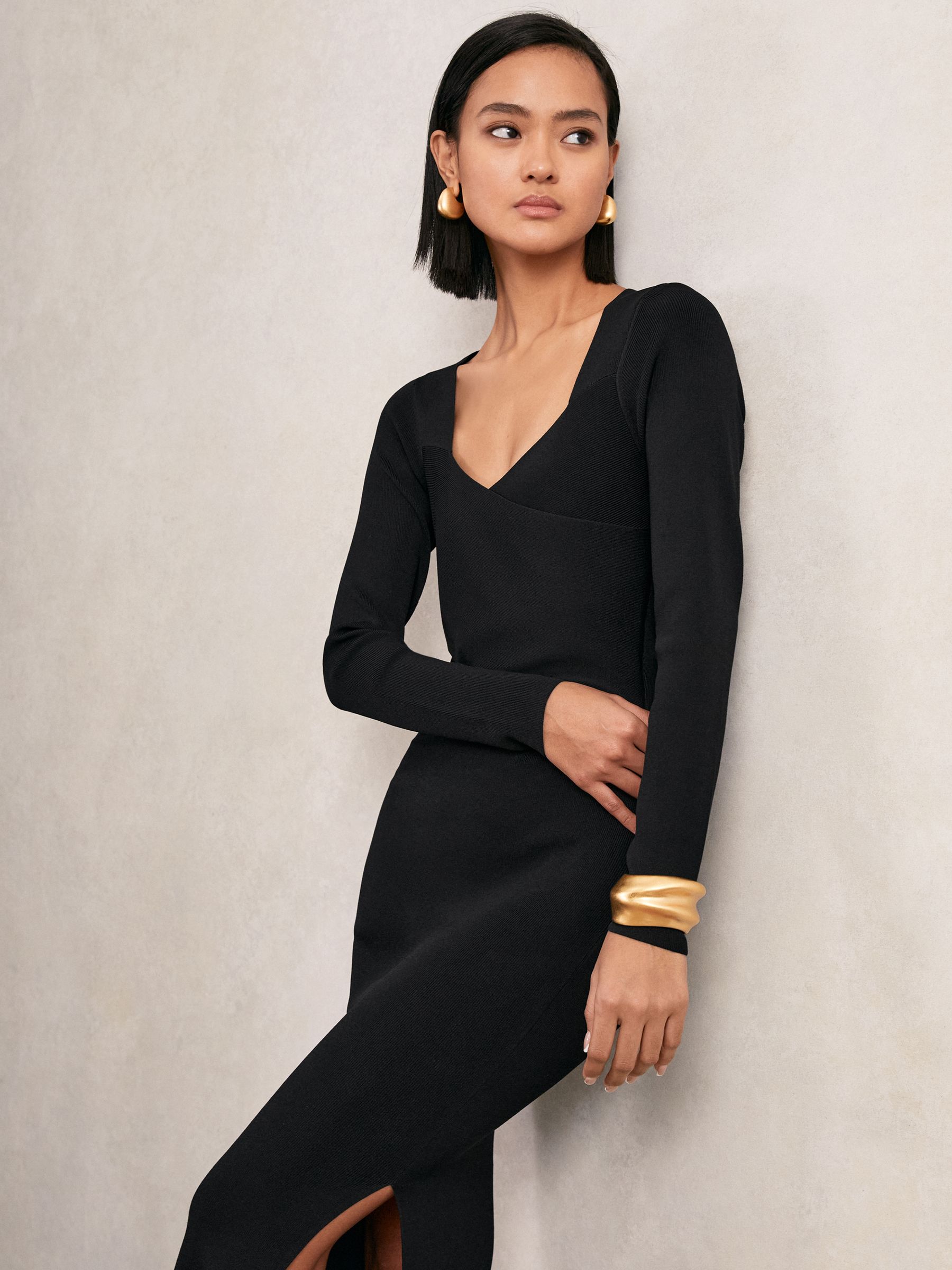 Knitted Wrap-Front Midi Dress in Black