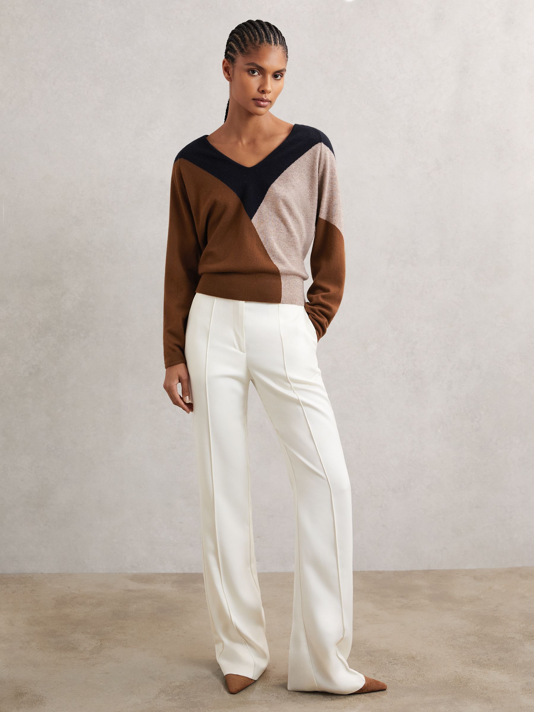 Wool-Blend Colourblock Knit Jumper with Cashmere in Black/Burgundy/Cream