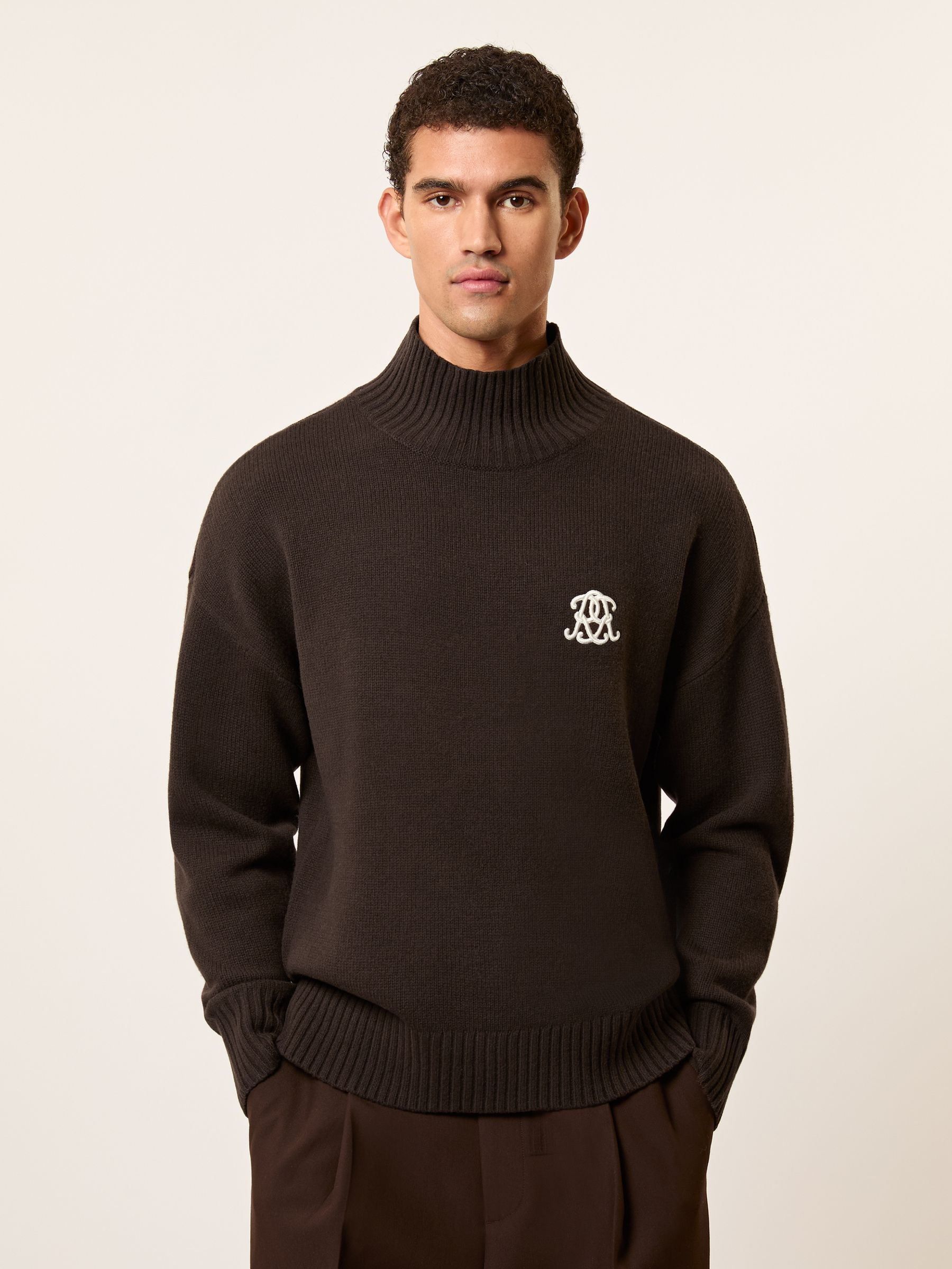 Monogram Wool Relaxed Jumper in Dark Brown
