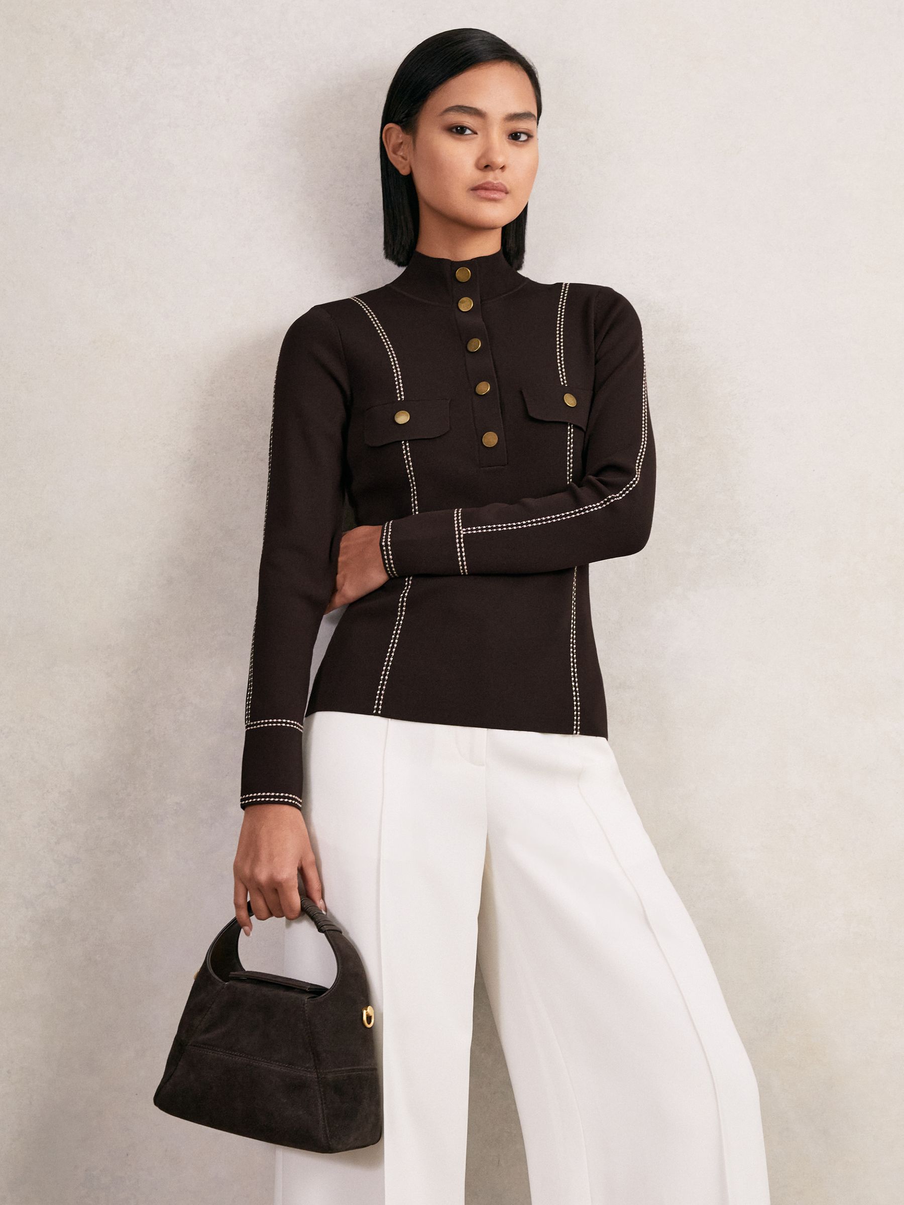 Contrast-Stitch Knit Top in Burgundy