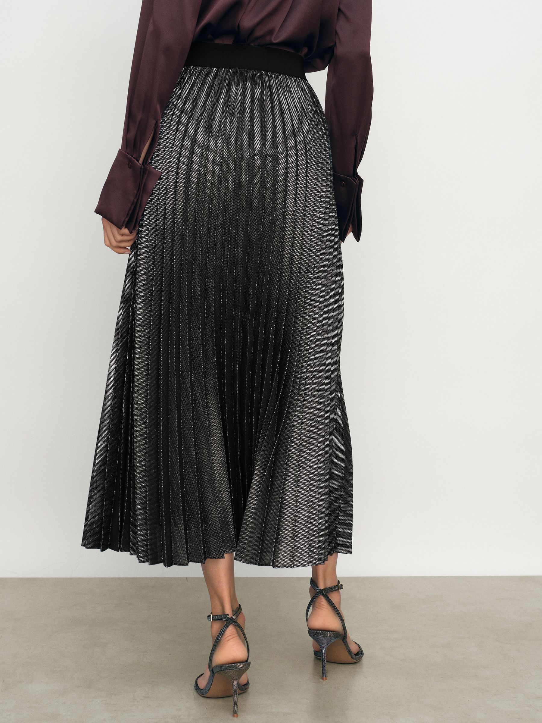 Metallic Pleated Midi Skirt in Charcoal Grey