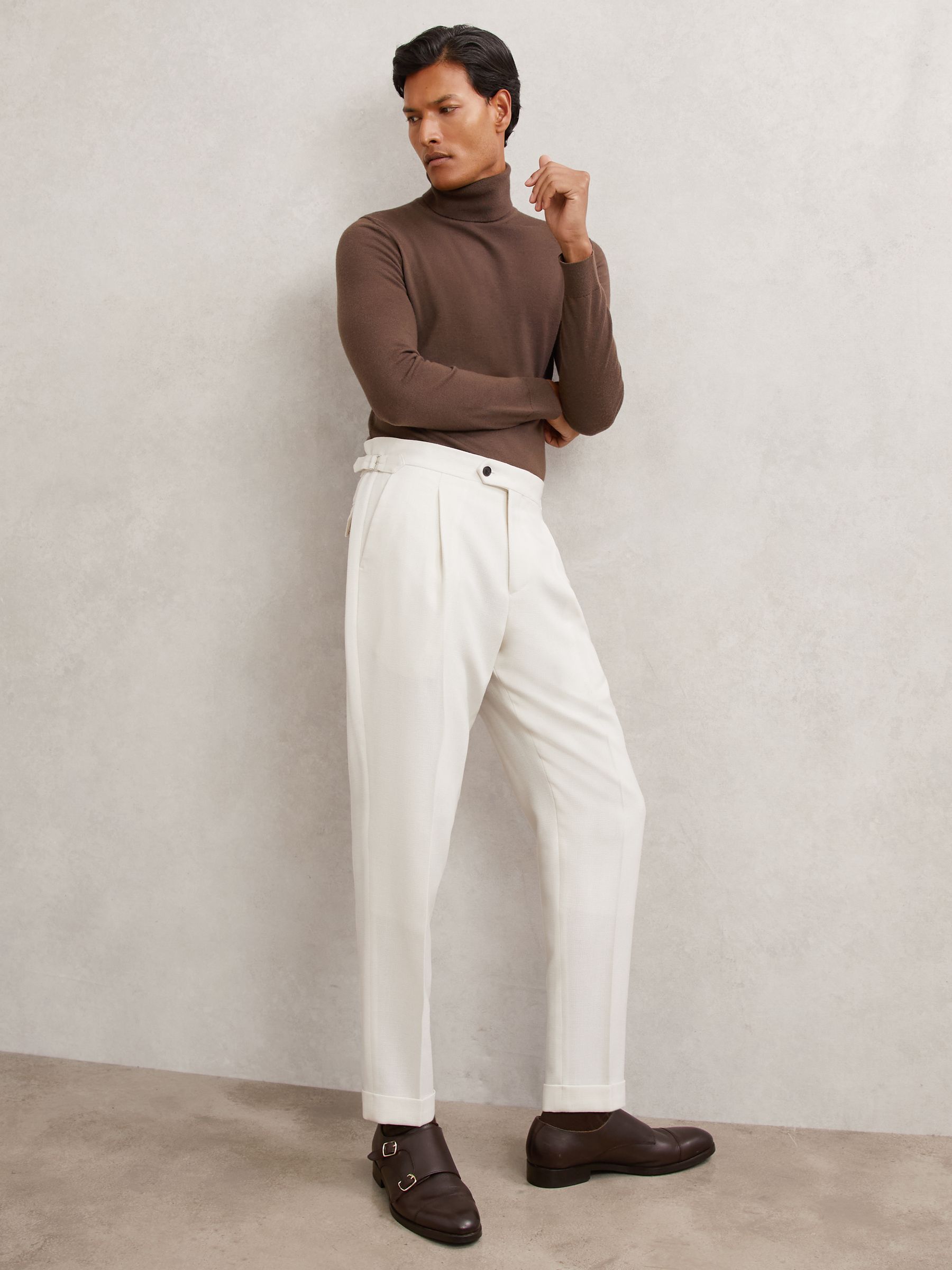 Wool-Blend Slim-Fit Cuffed Trousers in White