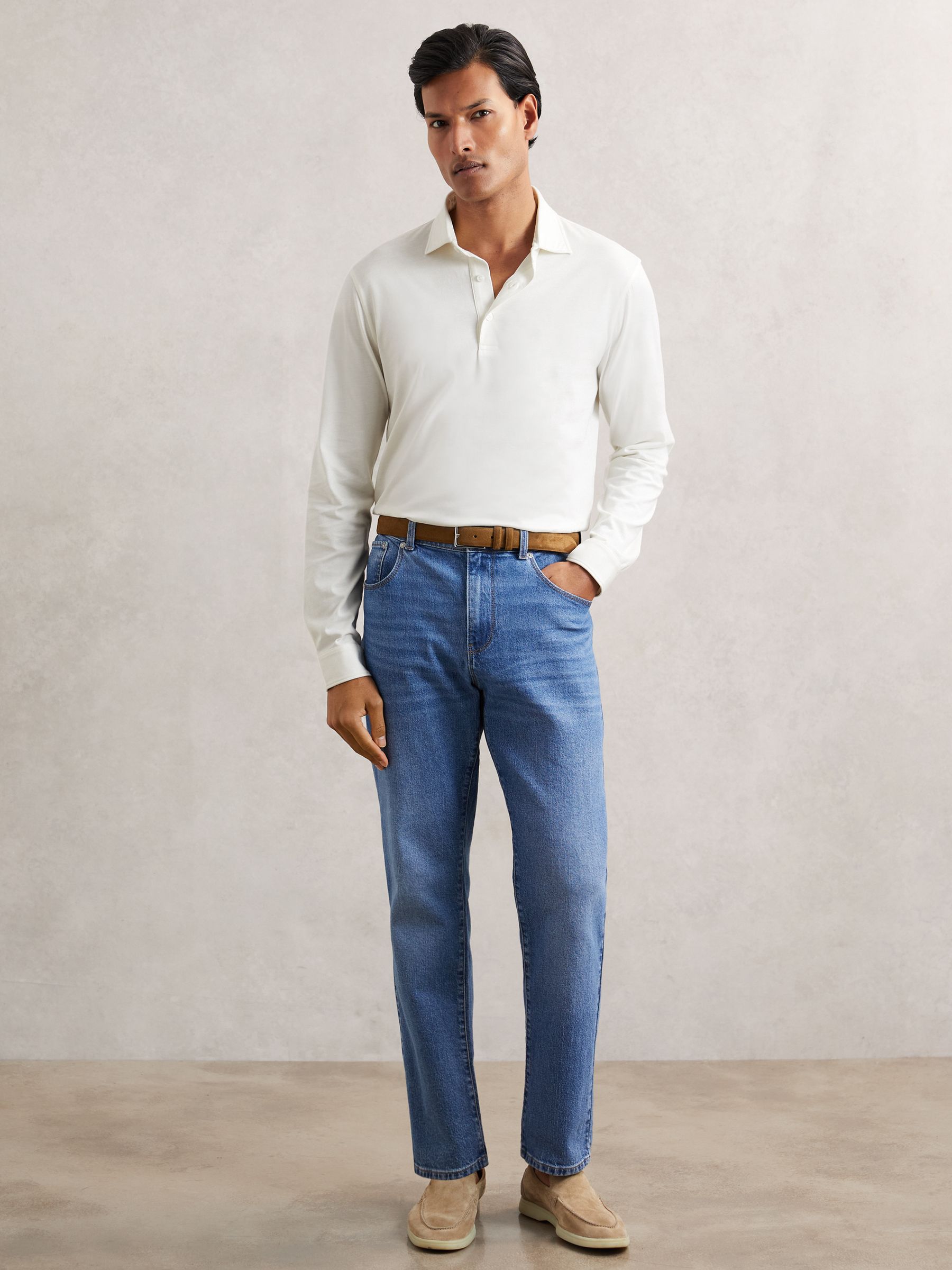 Cotton-Jersey Long Sleeve Polo Shirt in White