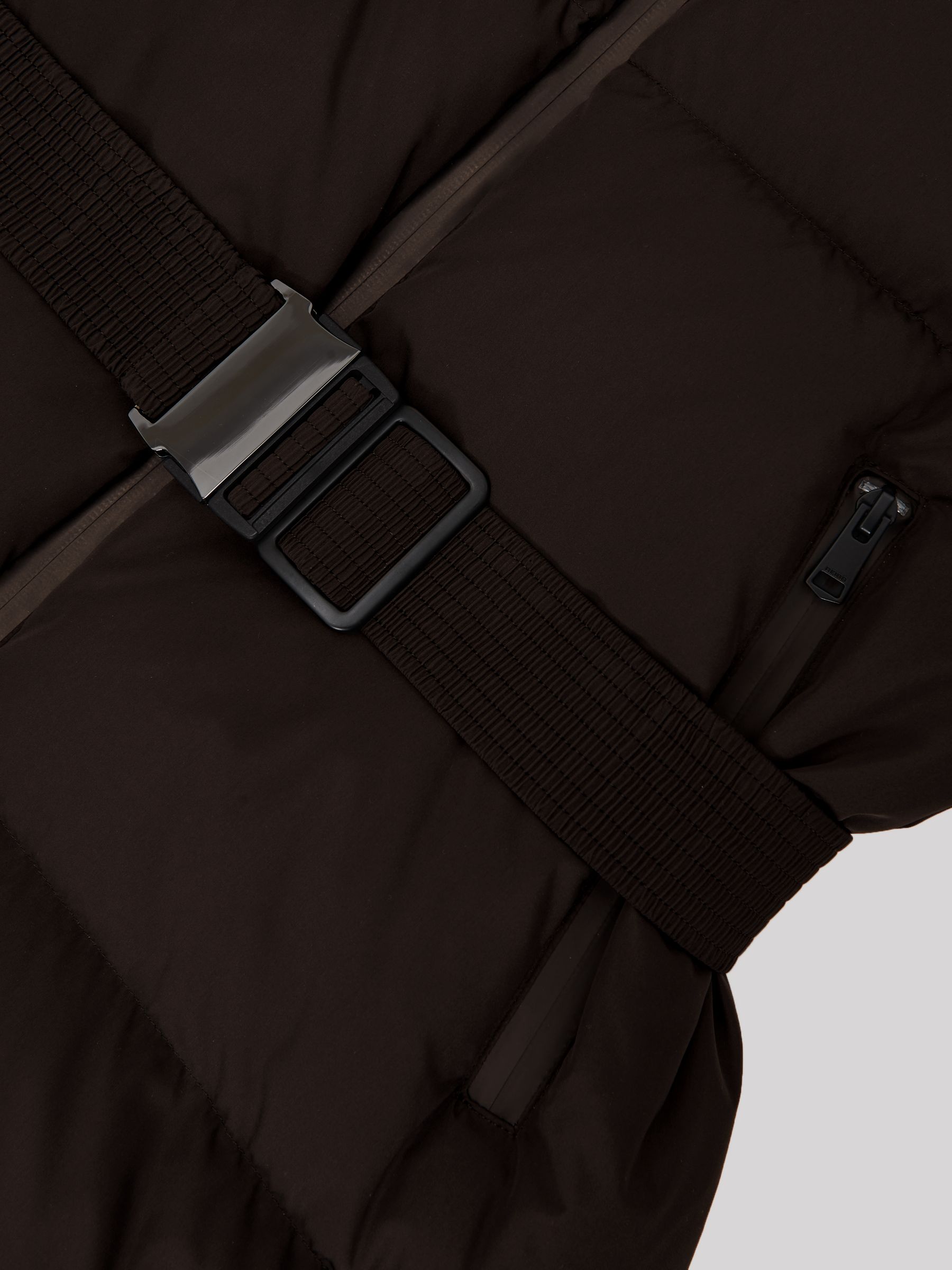 Petite Belted Longline Hooded Puffer Coat in Chocolate Brown