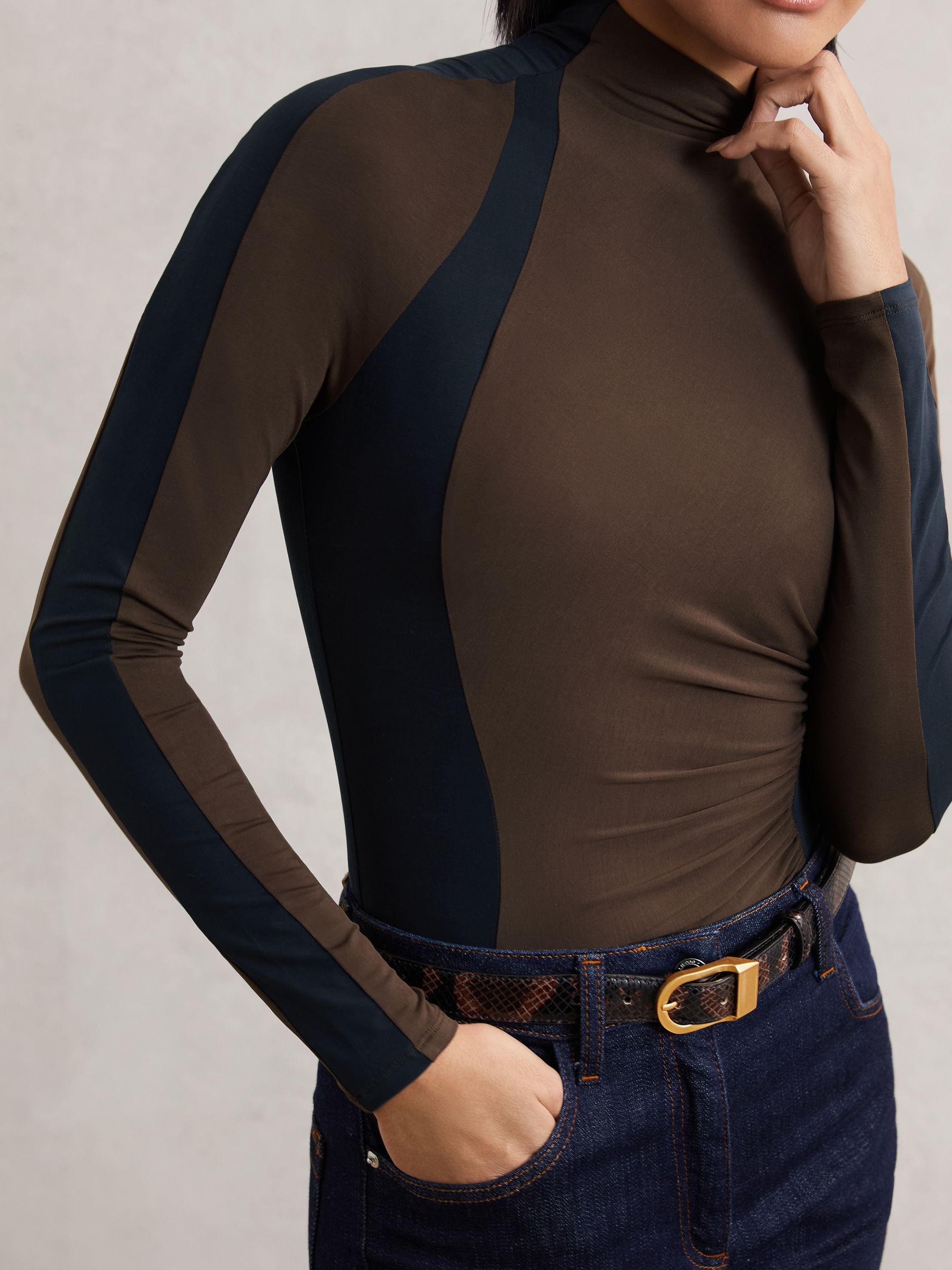 Stretch-Lyocell Panel Ruched Bodysuit in Navy/Camel