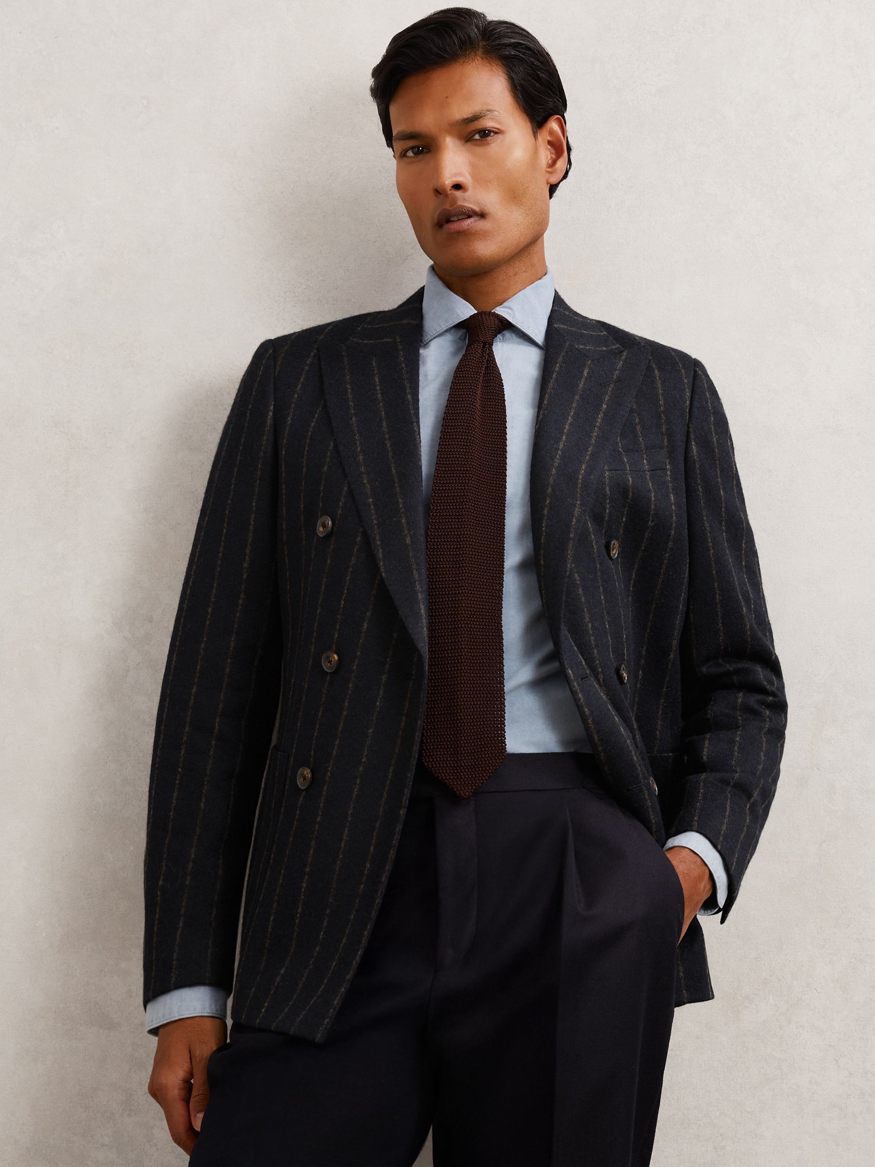 Double-Breasted Chalk-Stripe Blazer Tailored-Fit with Wool in Navy