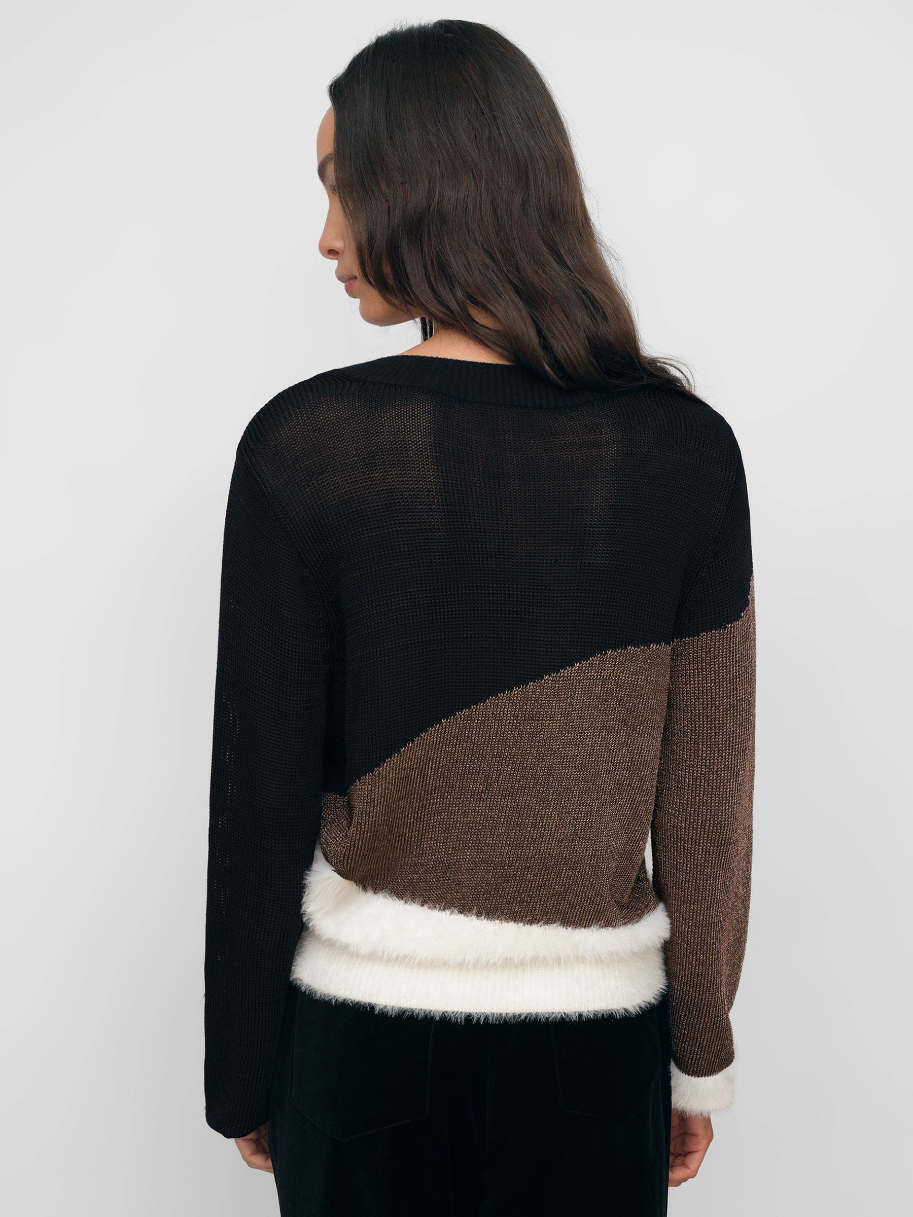 Metallic-Knit Panelled V-Neck Jumper in Black/White/Metallic