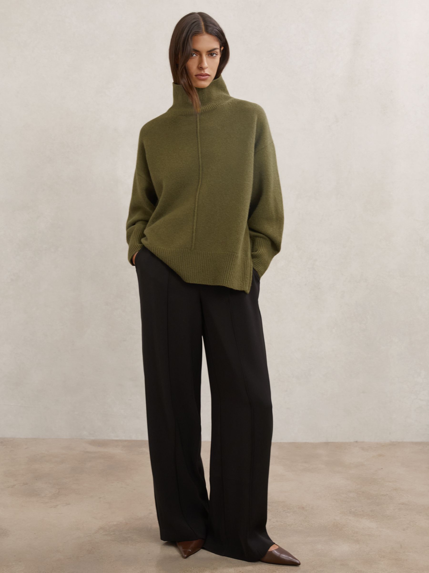 Wool Zip-Detail Funnel-Neck Jumper in Green