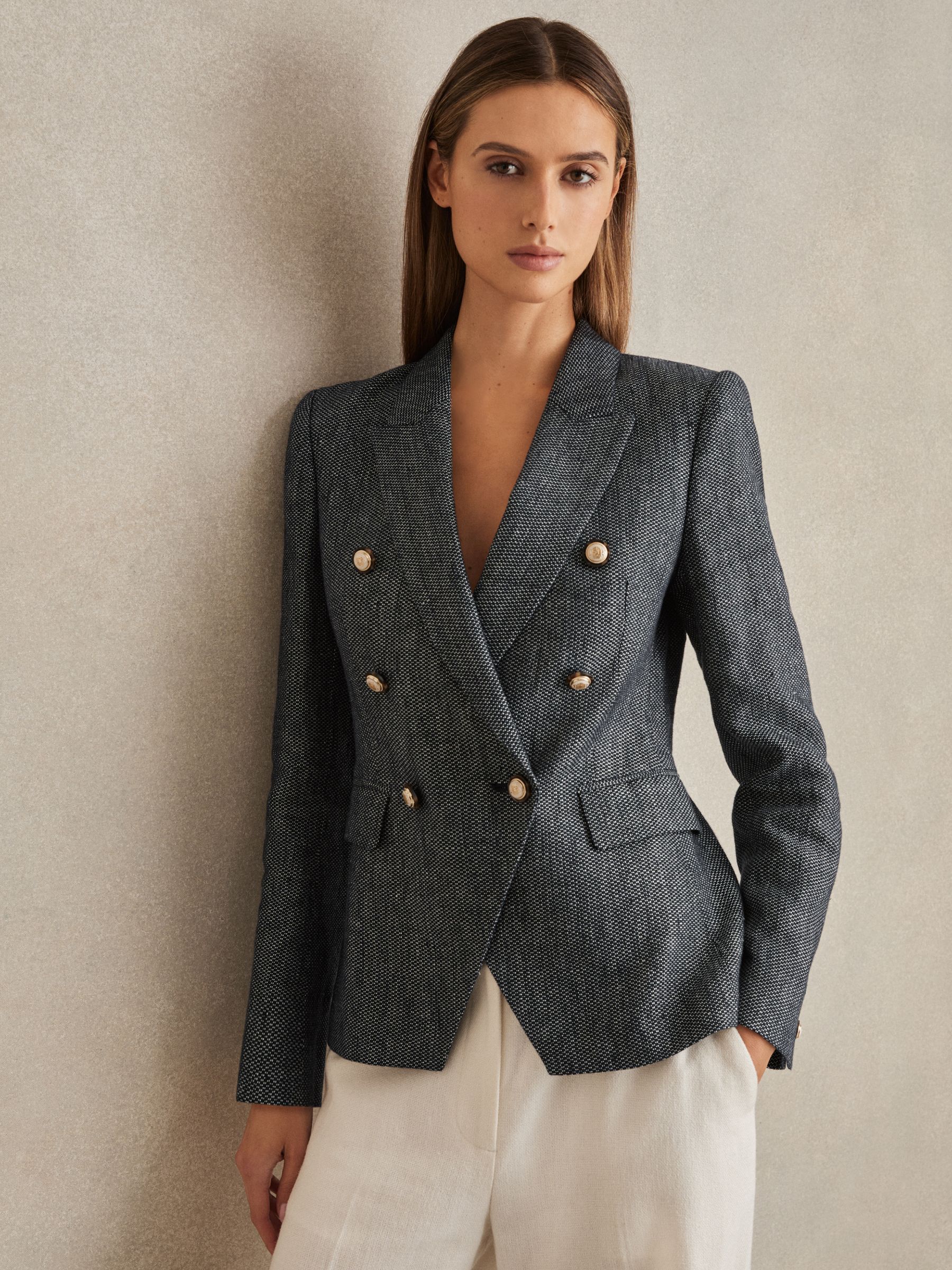 Petite Linen-Cotton Double-Breasted Blazer in Navy