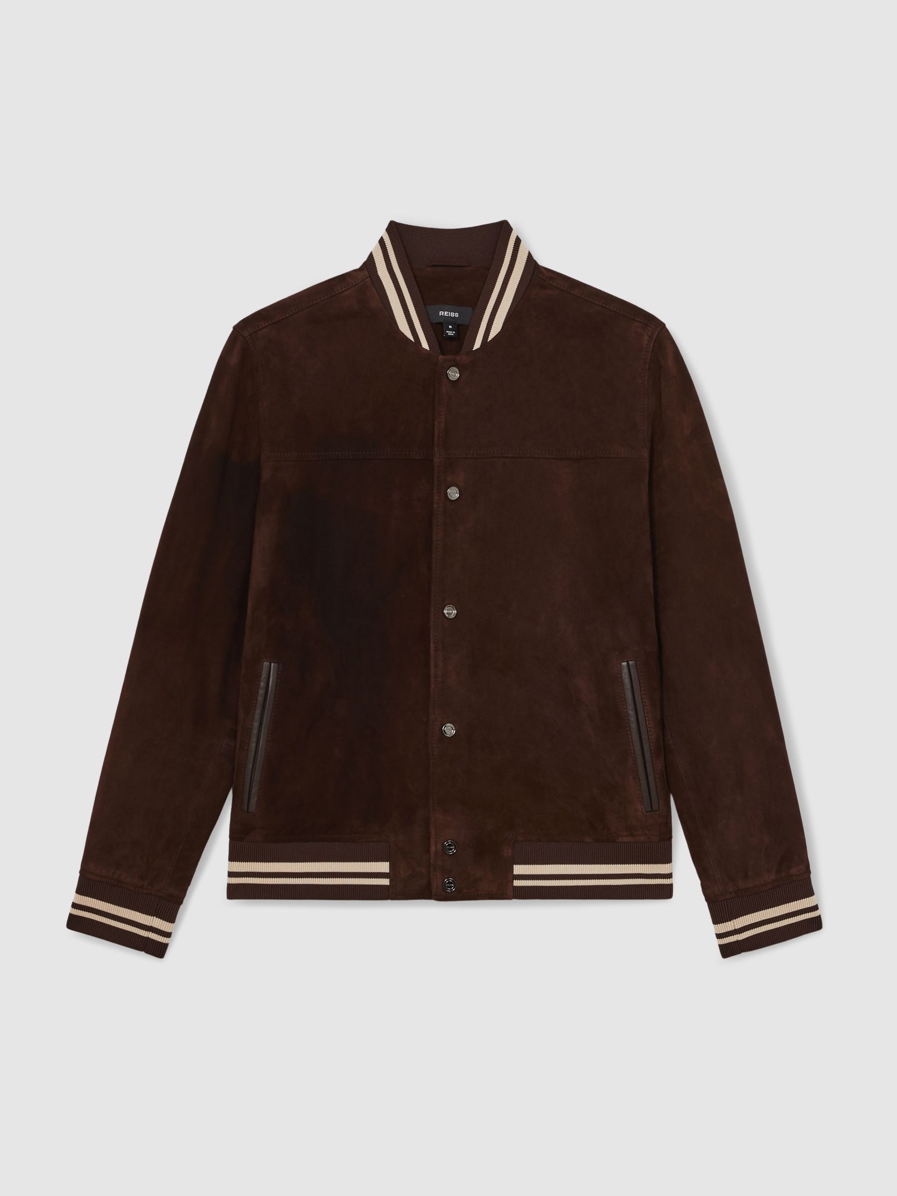 Suede Stripe-Trim Bomber Jacket in Chocolate Brown