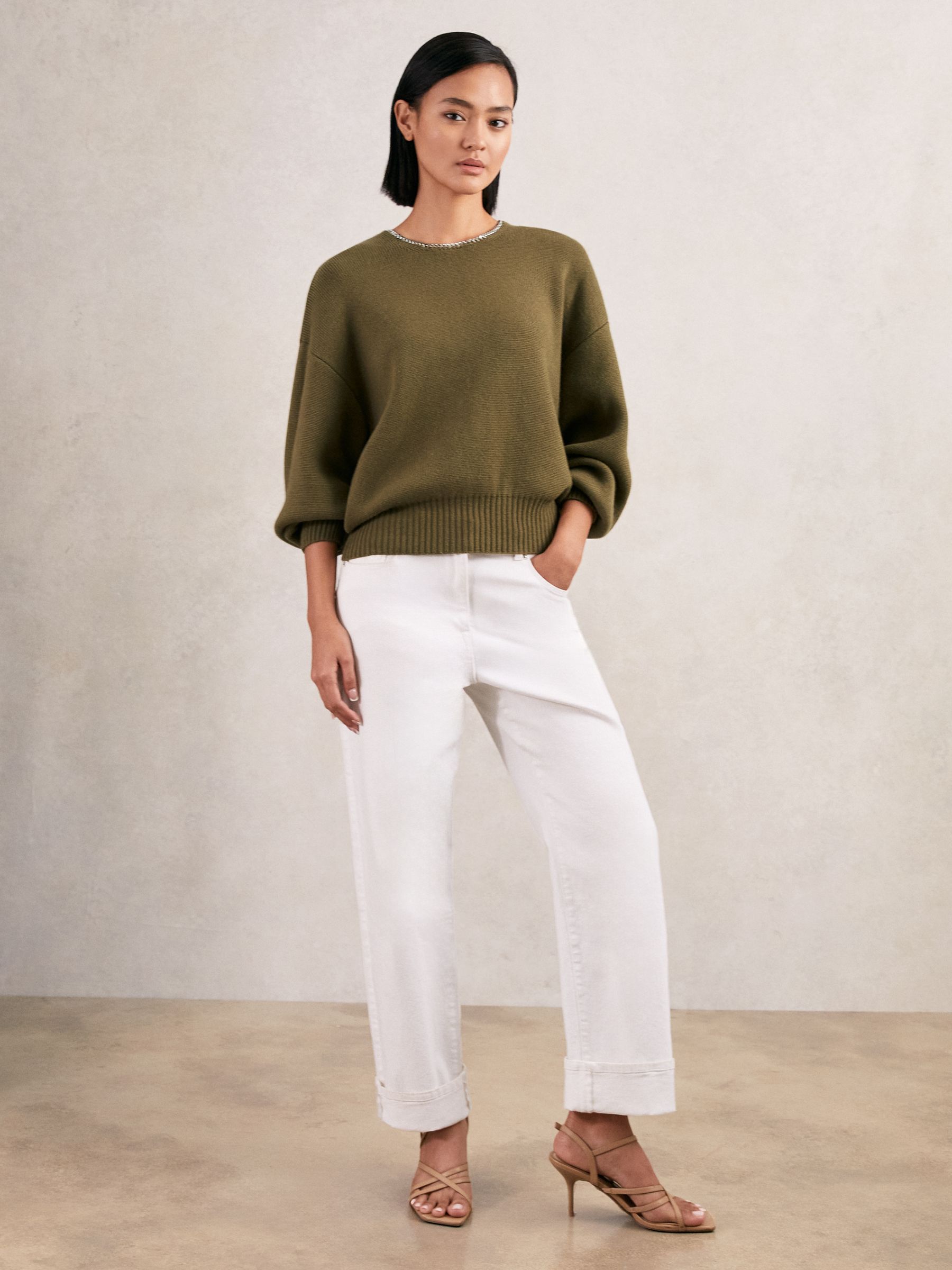 Wool-Blend Necklace-Trim Jumper with Cashmere in Sage Green