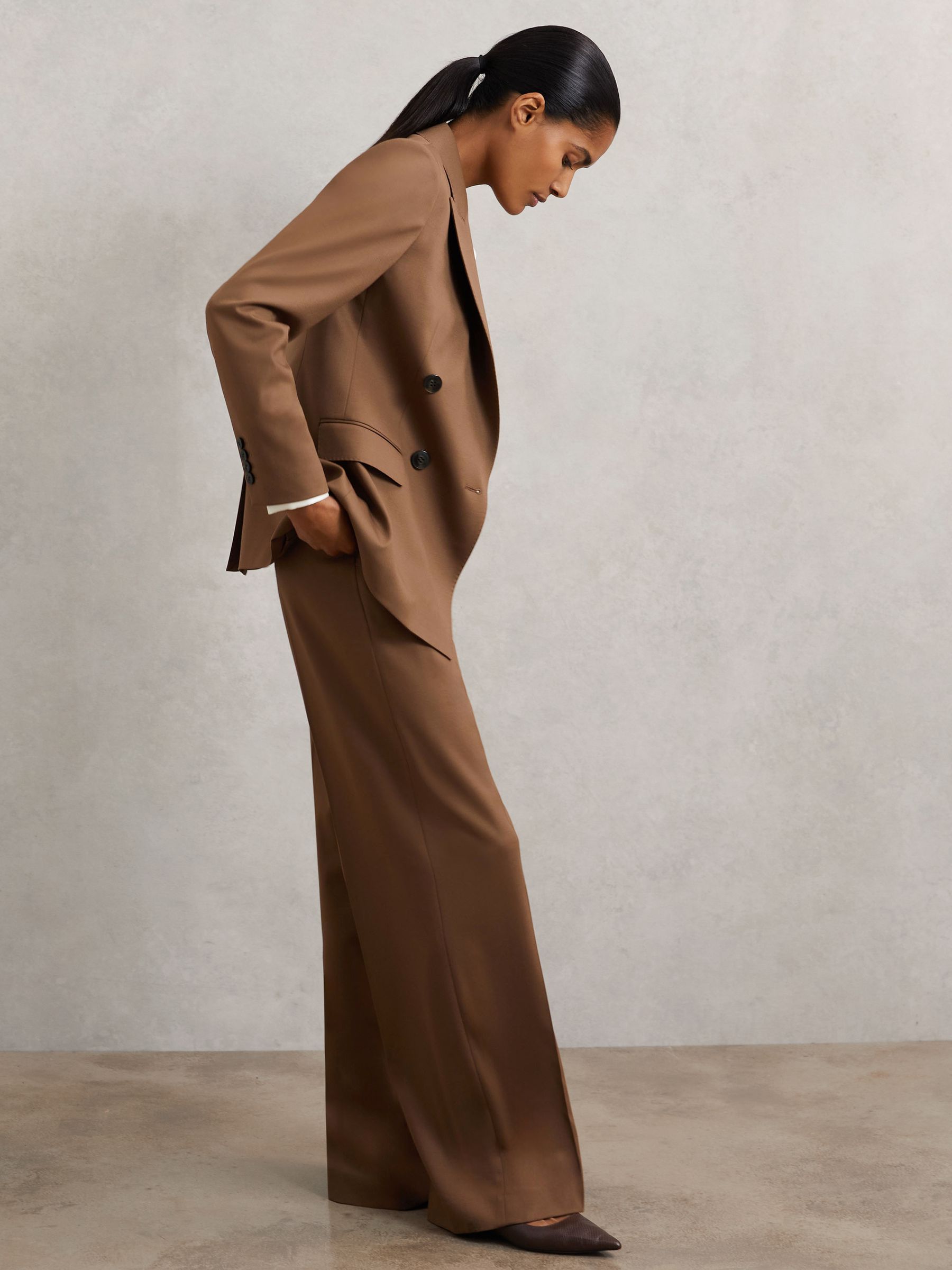 Petite Wool-Blend Double-Breasted Suit Blazer in Tan