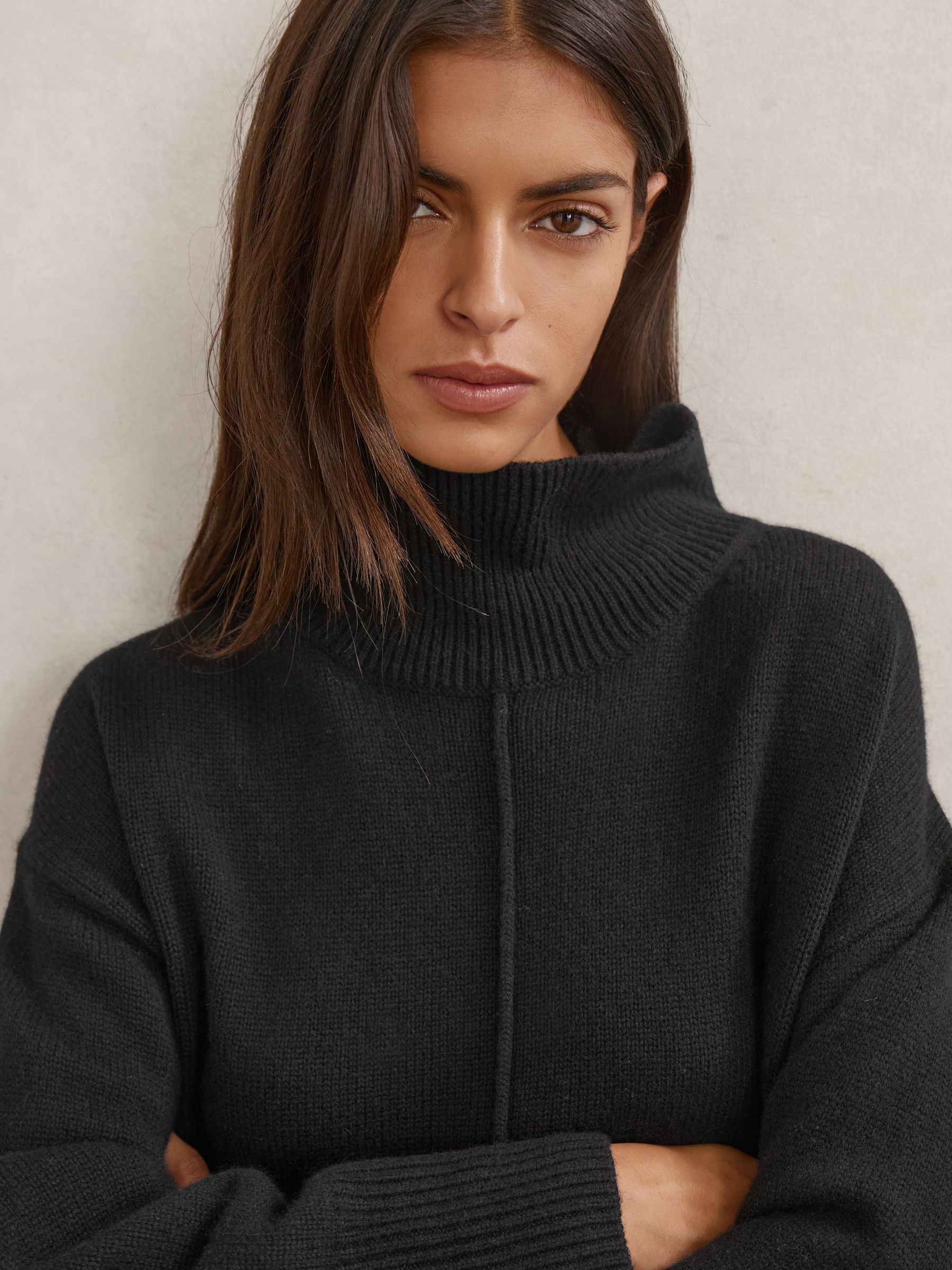 Wool Zip-Detail Funnel-Neck Jumper in Black