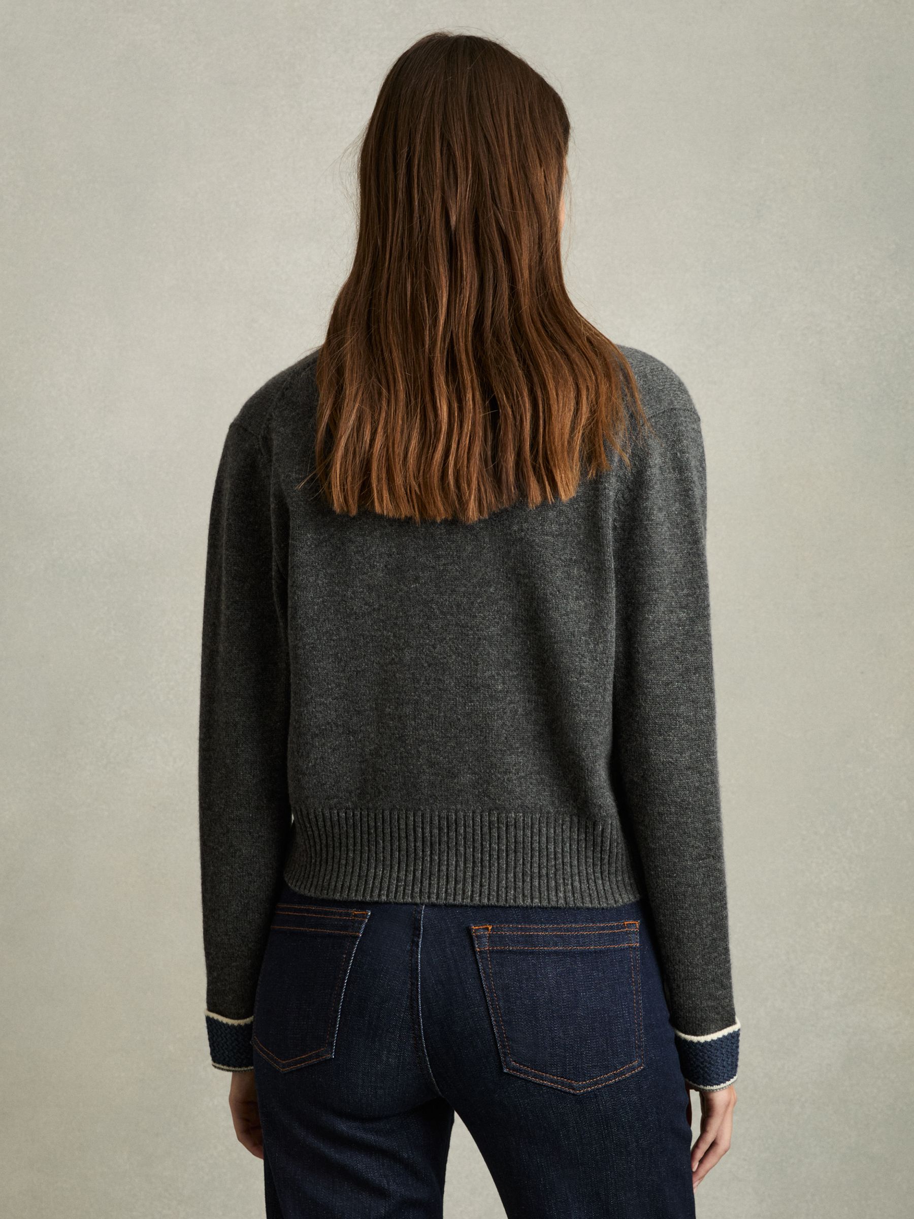 Wool-Cashmere Tipped V-Neck Cardigan in Charcoal