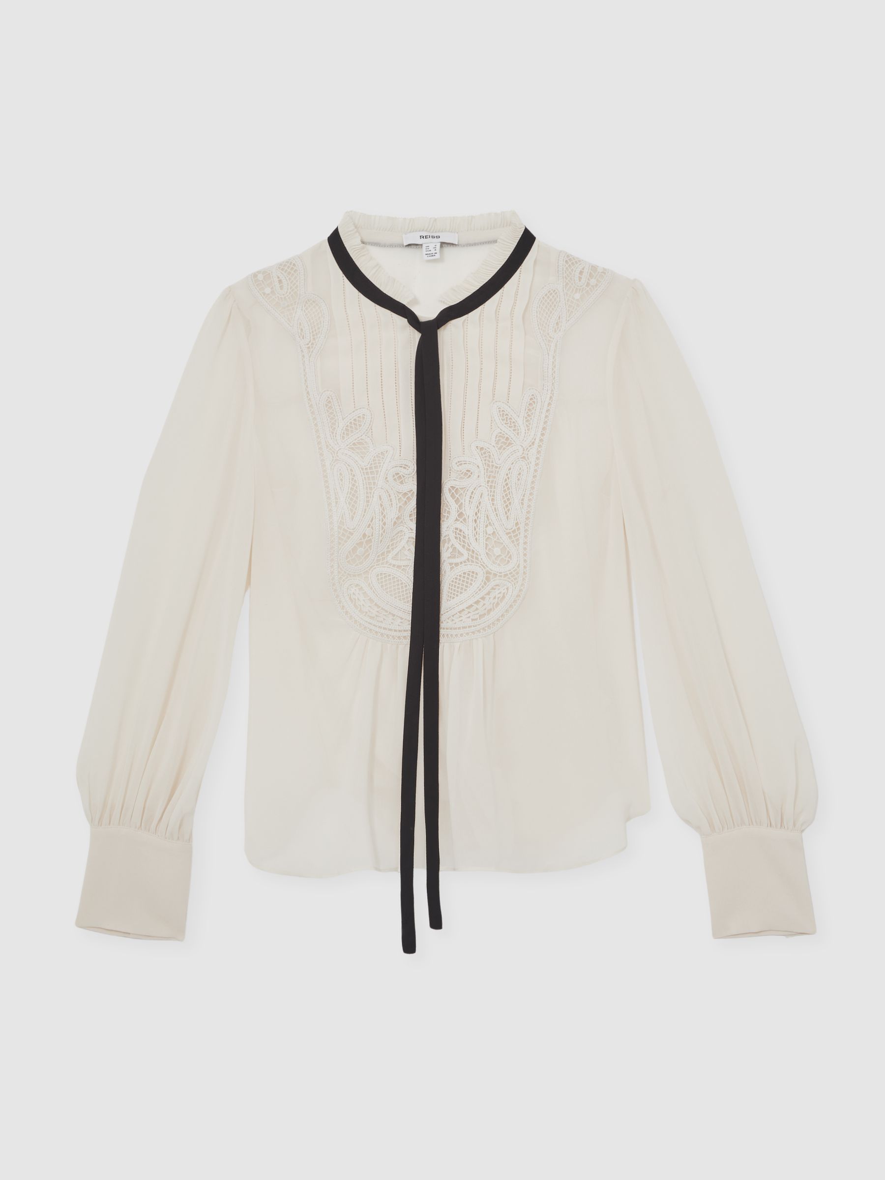 Lace-Embroidered Tie-Neck Shirt in Cream