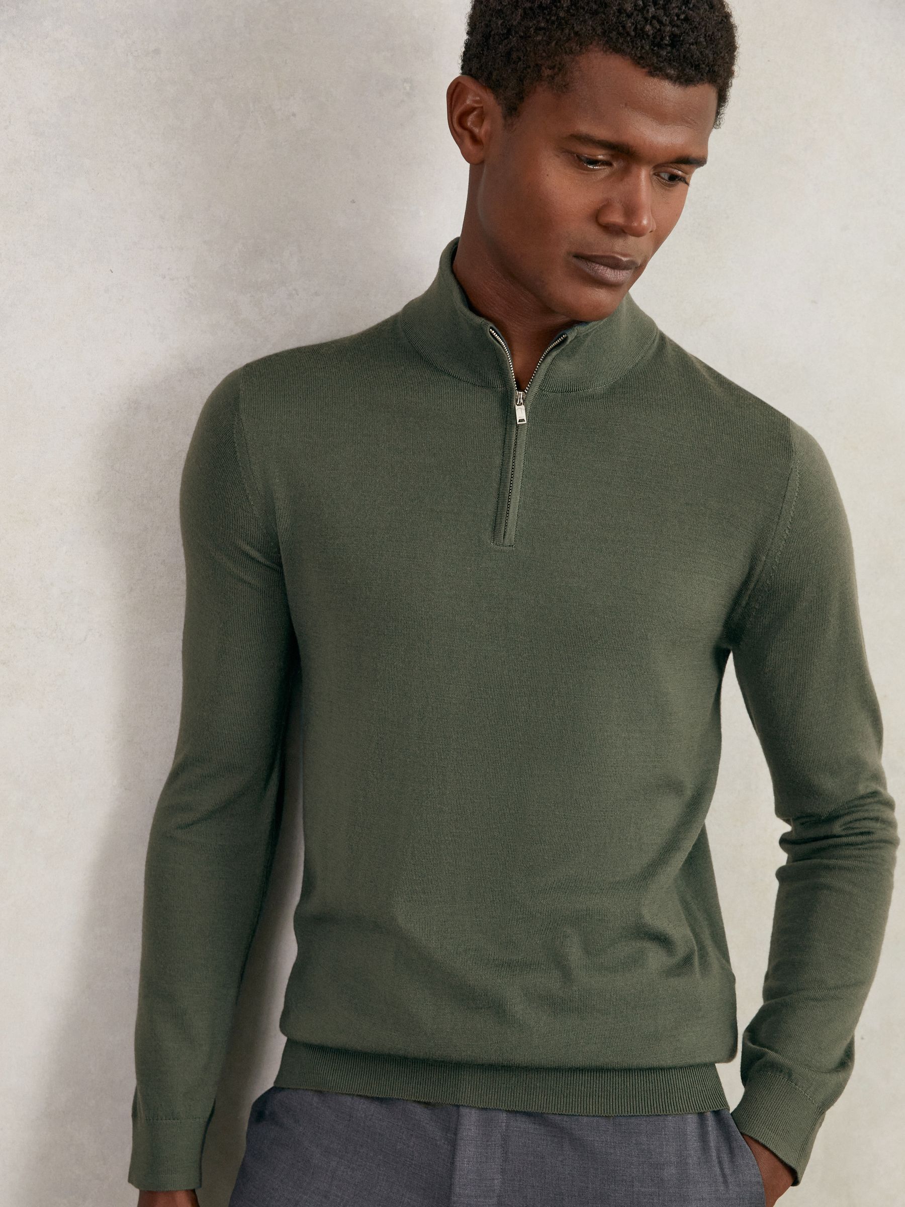 Merino Wool Half-Zip Funnel Neck Jumper in Kale Green