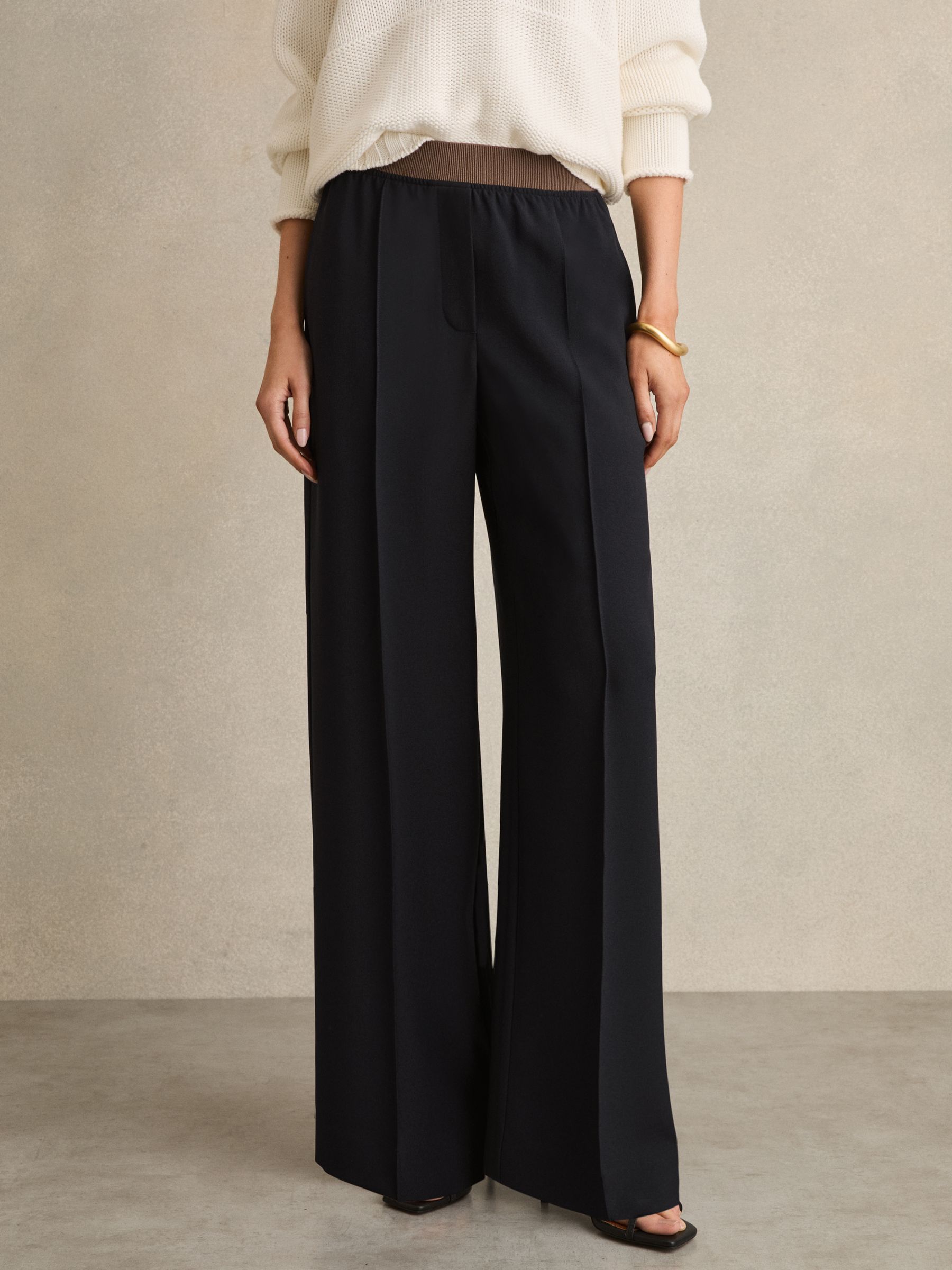Petite Wide-Leg Elasticated-Waist Trousers in Navy