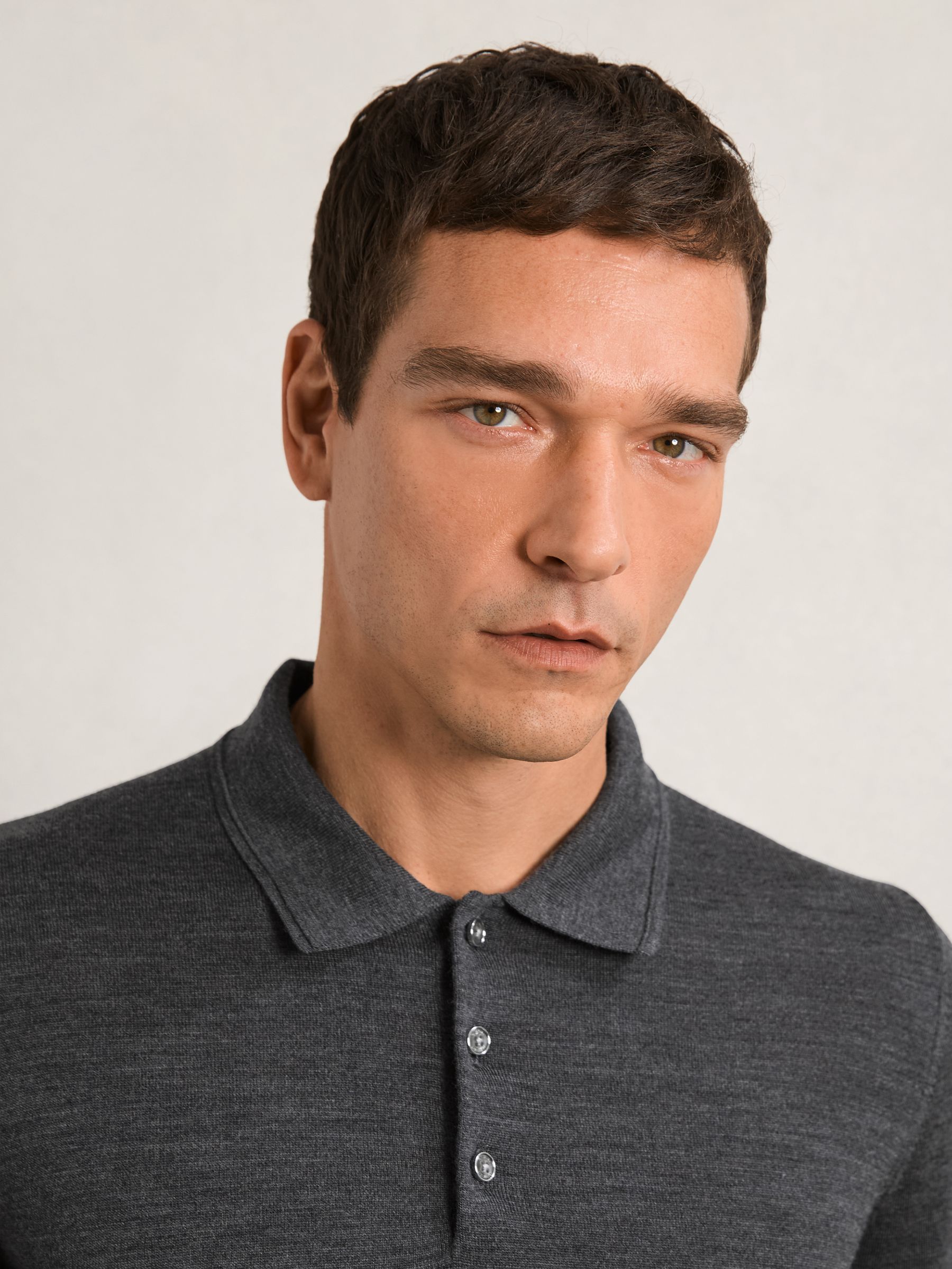 Merino Wool Long-Sleeve Polo Shirt in Derby Grey Marl