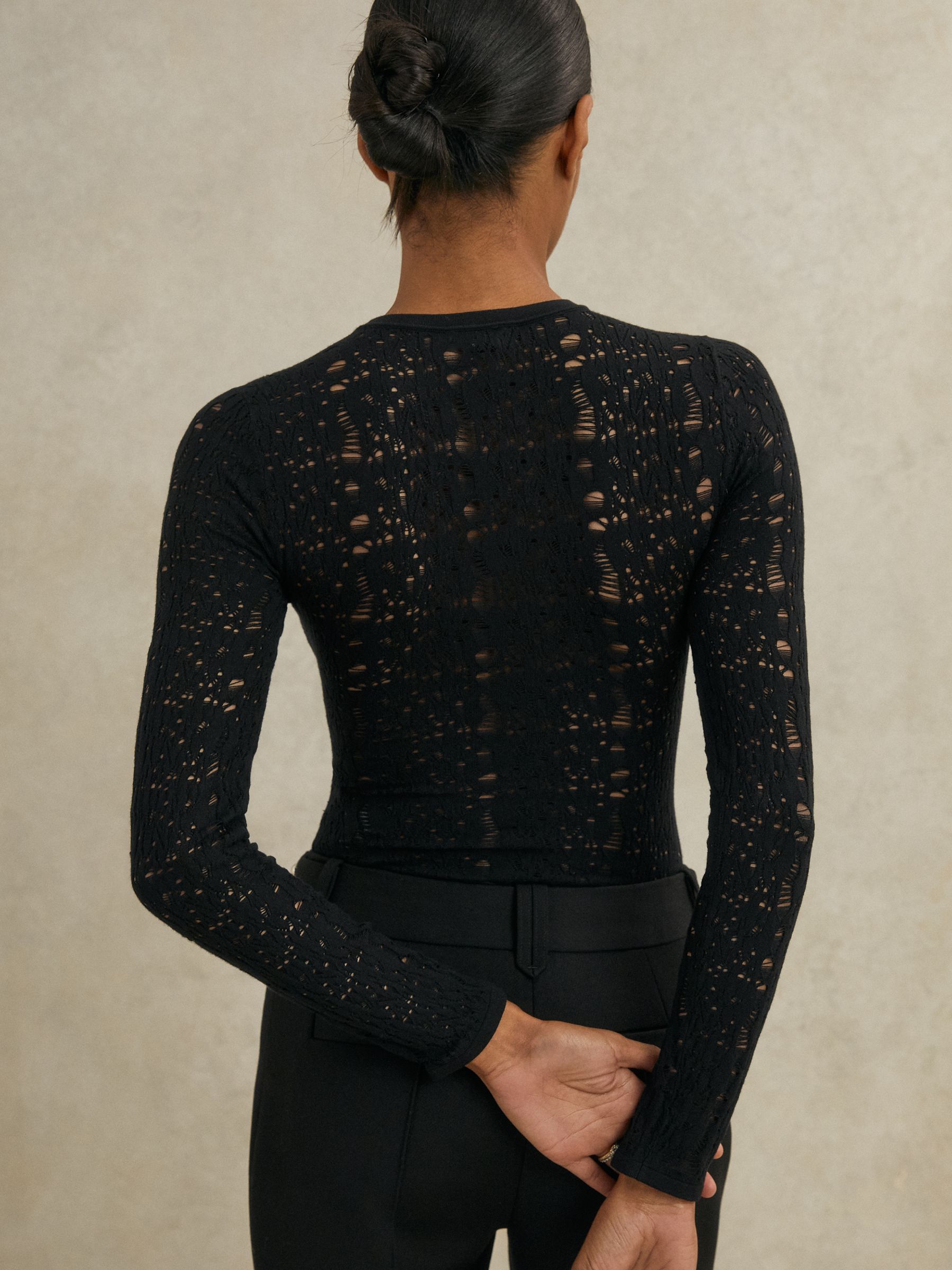 Atelier Lace-Knit Long-Sleeve Bodysuit in Black