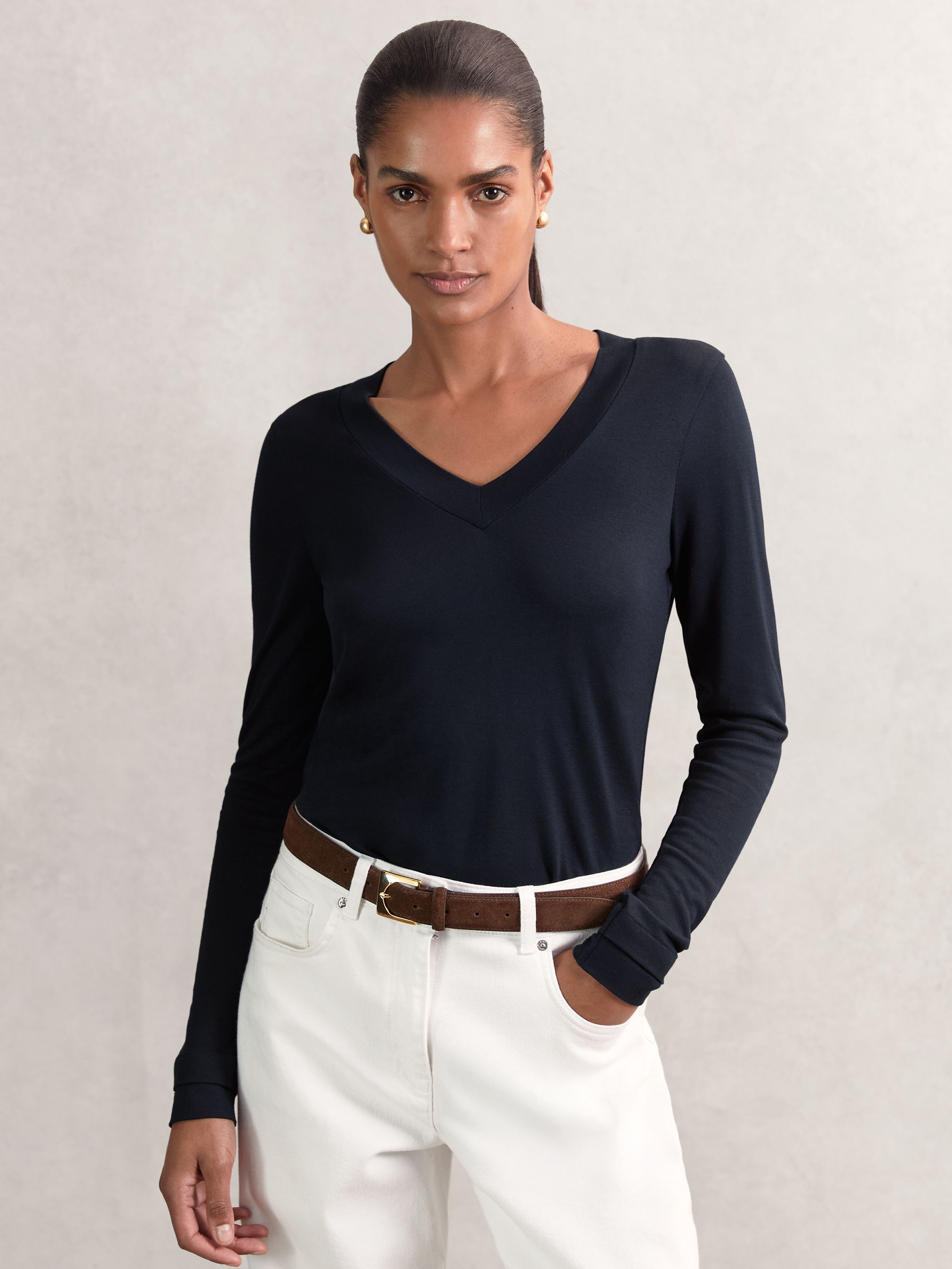 Jersey V-Neck Top in Navy