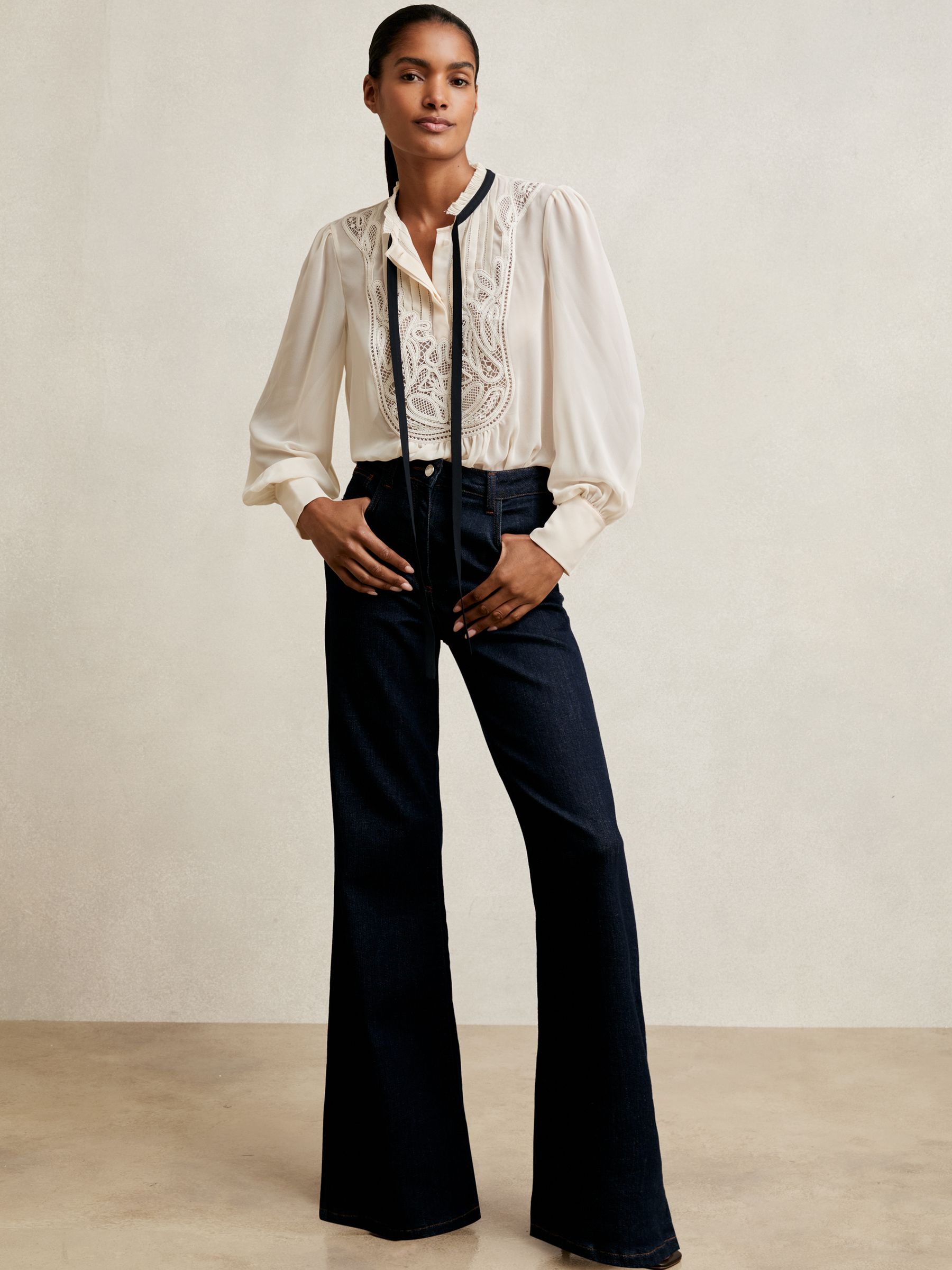 Lace-Embroidered Tie-Neck Shirt in Cream