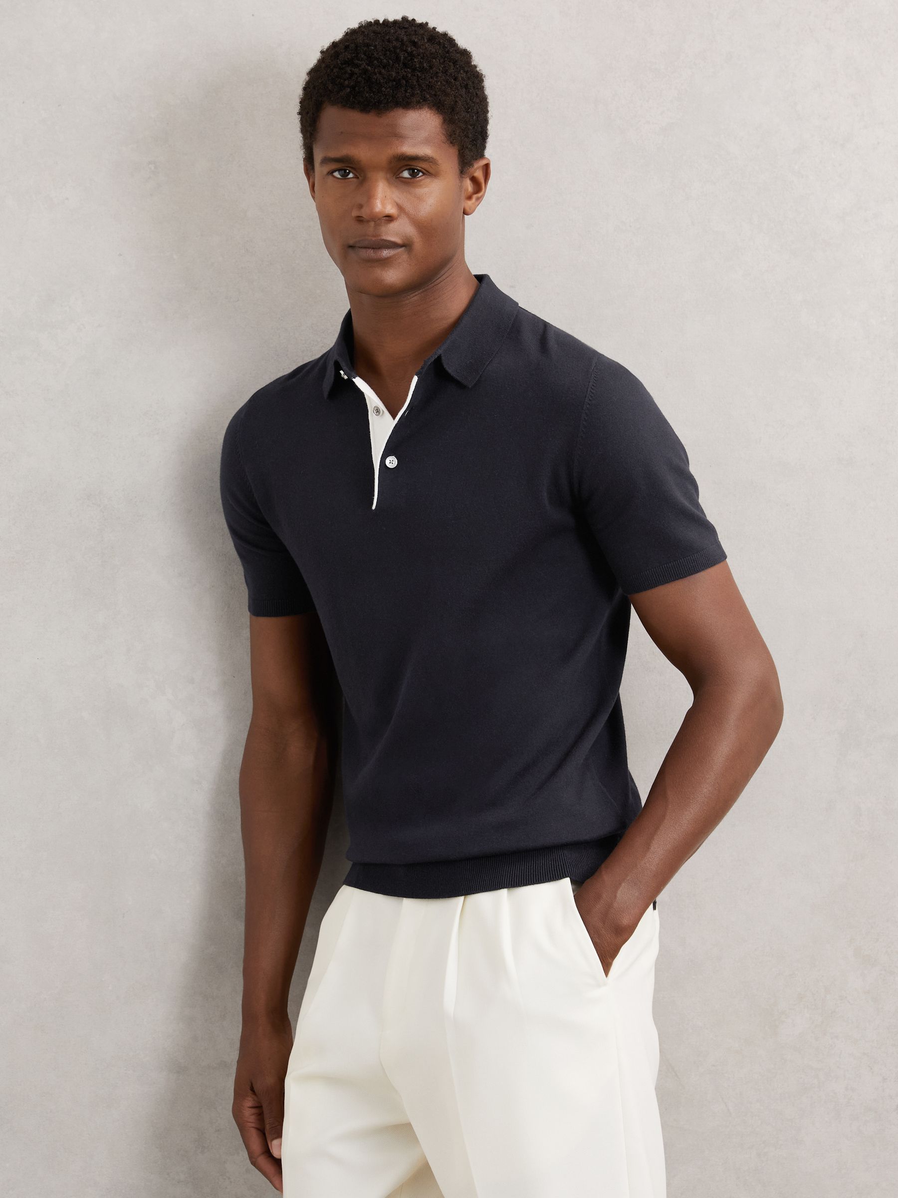 Contrast-Placket Polo Shirt With Cotton in Navy