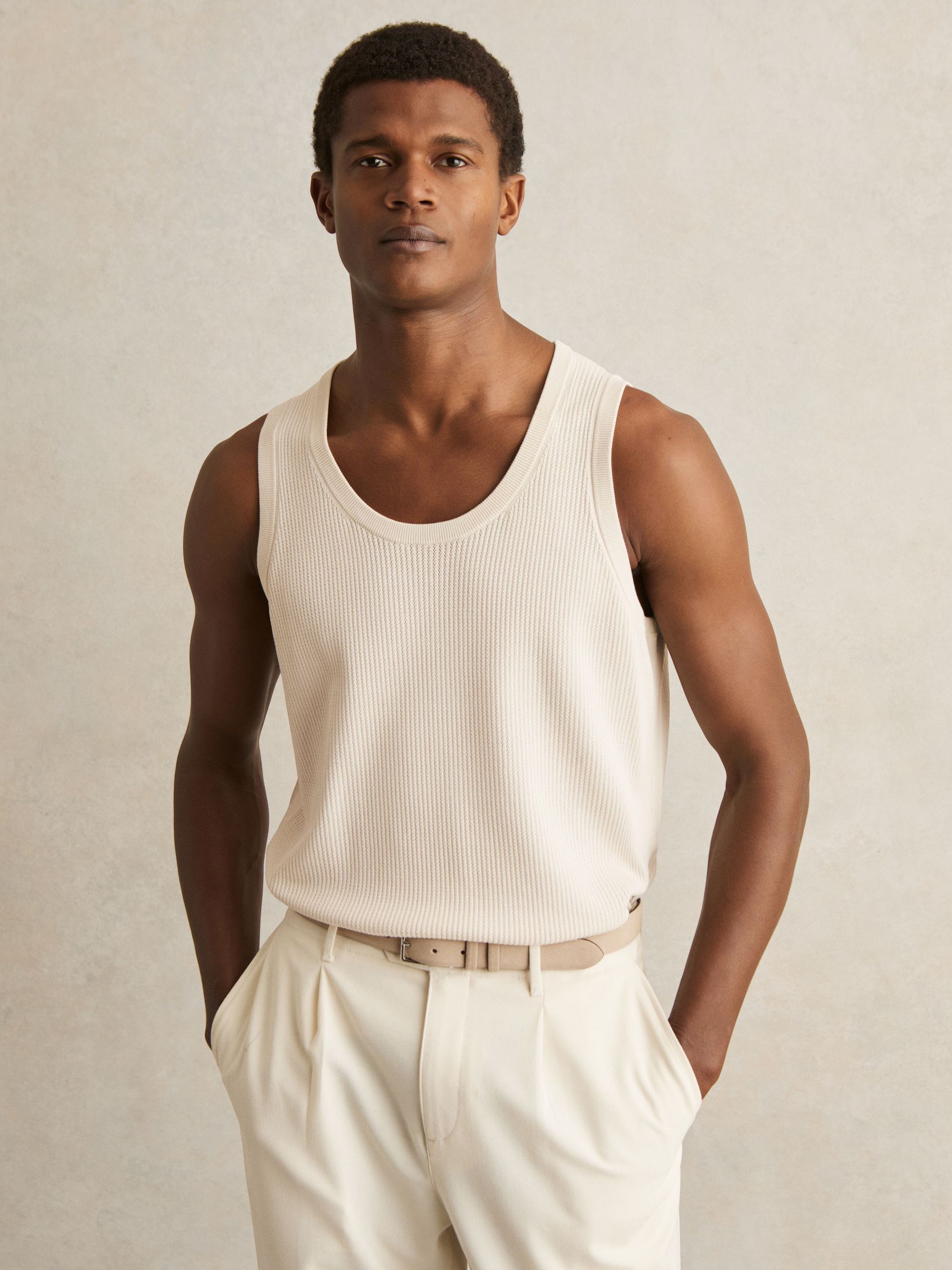 Textured Crew Neck Ribbed Vest in Off White
