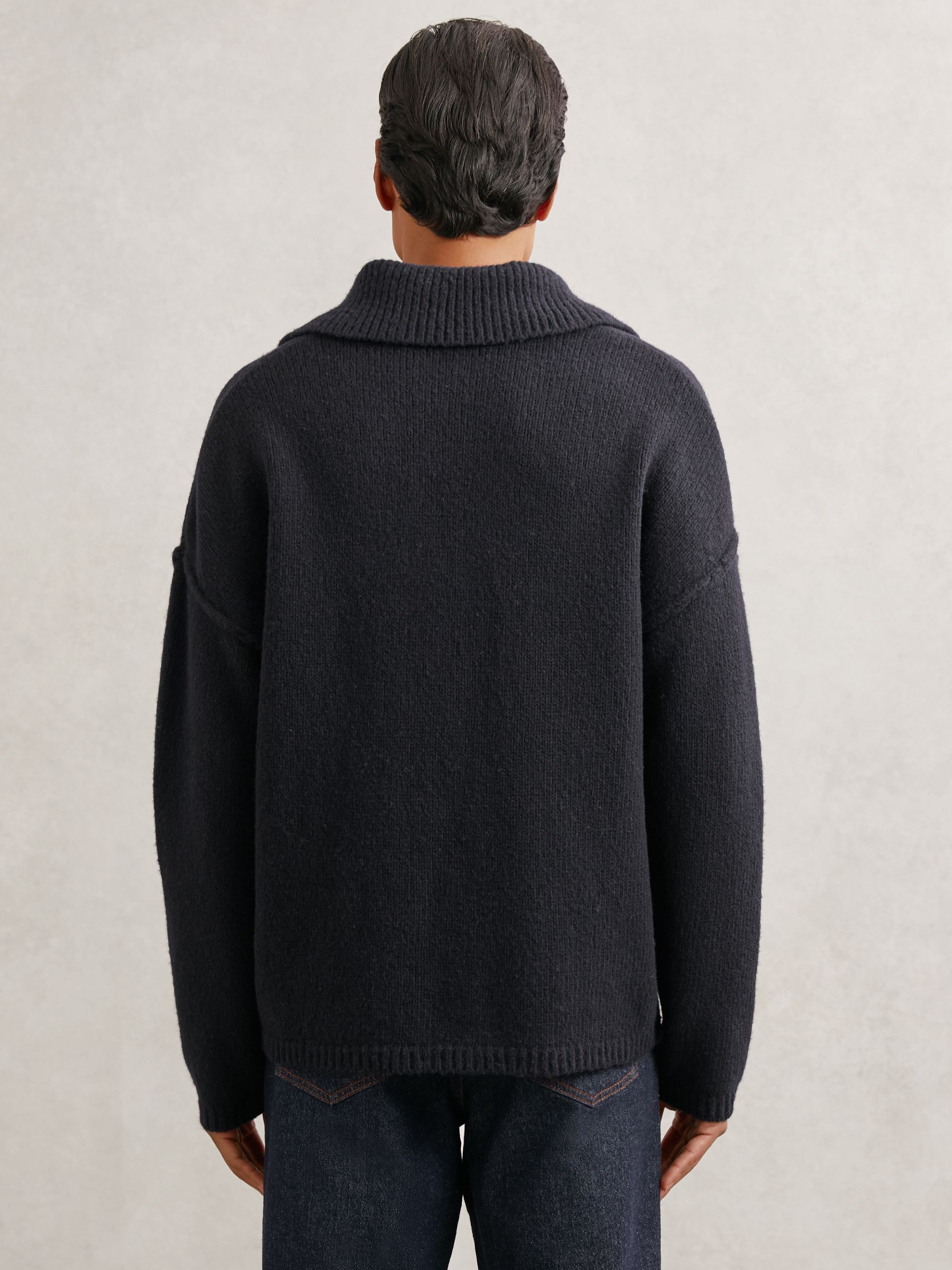 Wool-Blend Relaxed Open-Collar Jumper in Navy
