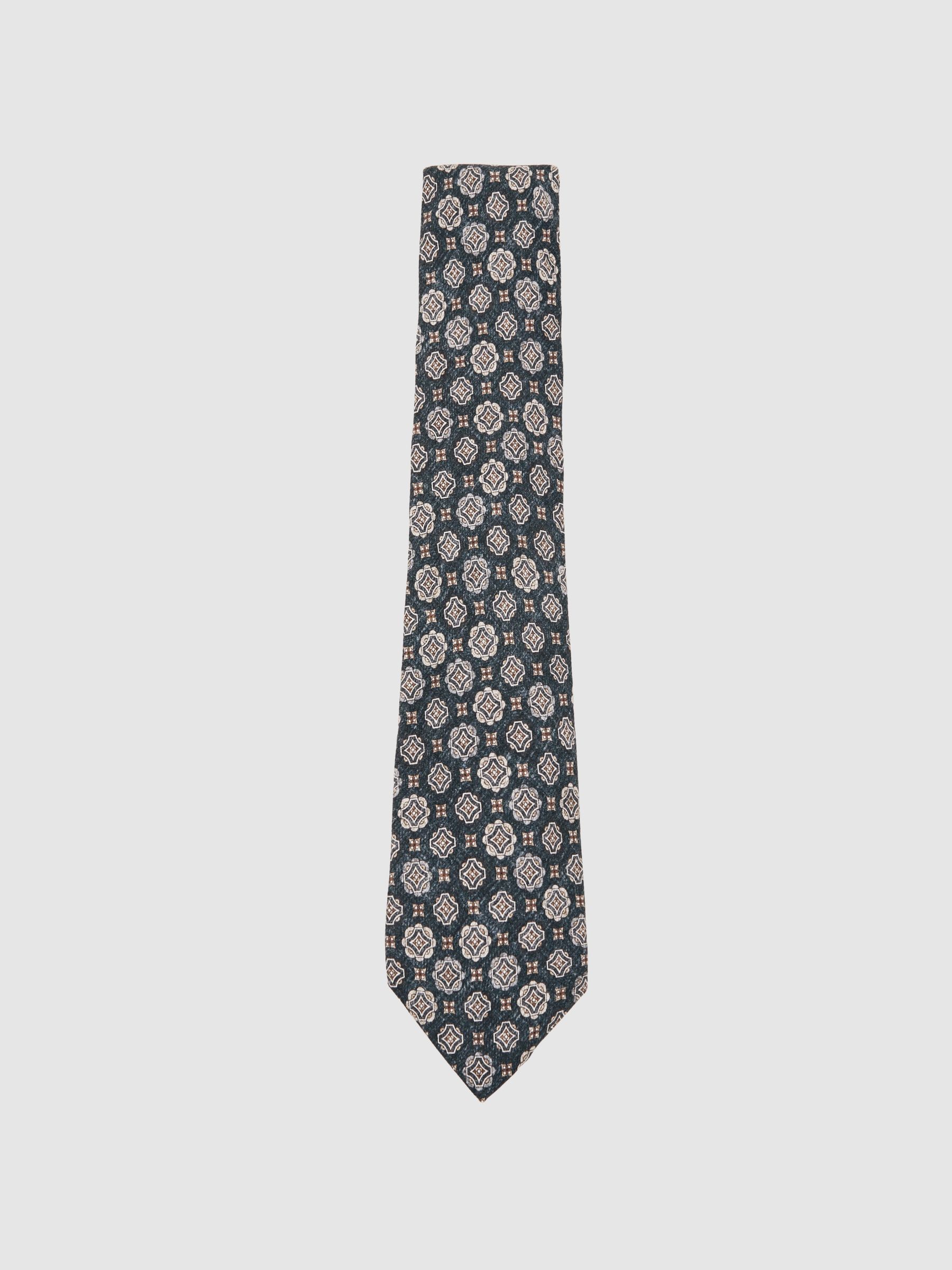 Silk Medallion Print Tie in Indigo Melange