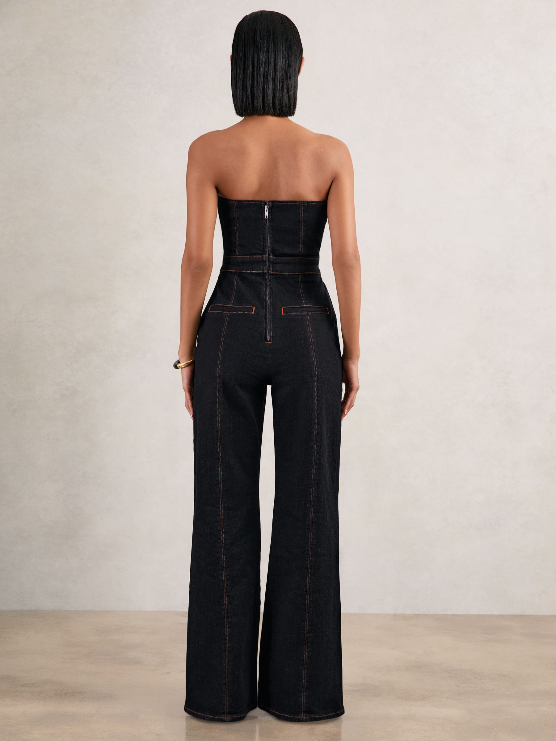 Strapless Wide Leg Denim Jumpsuit in Indigo Blue