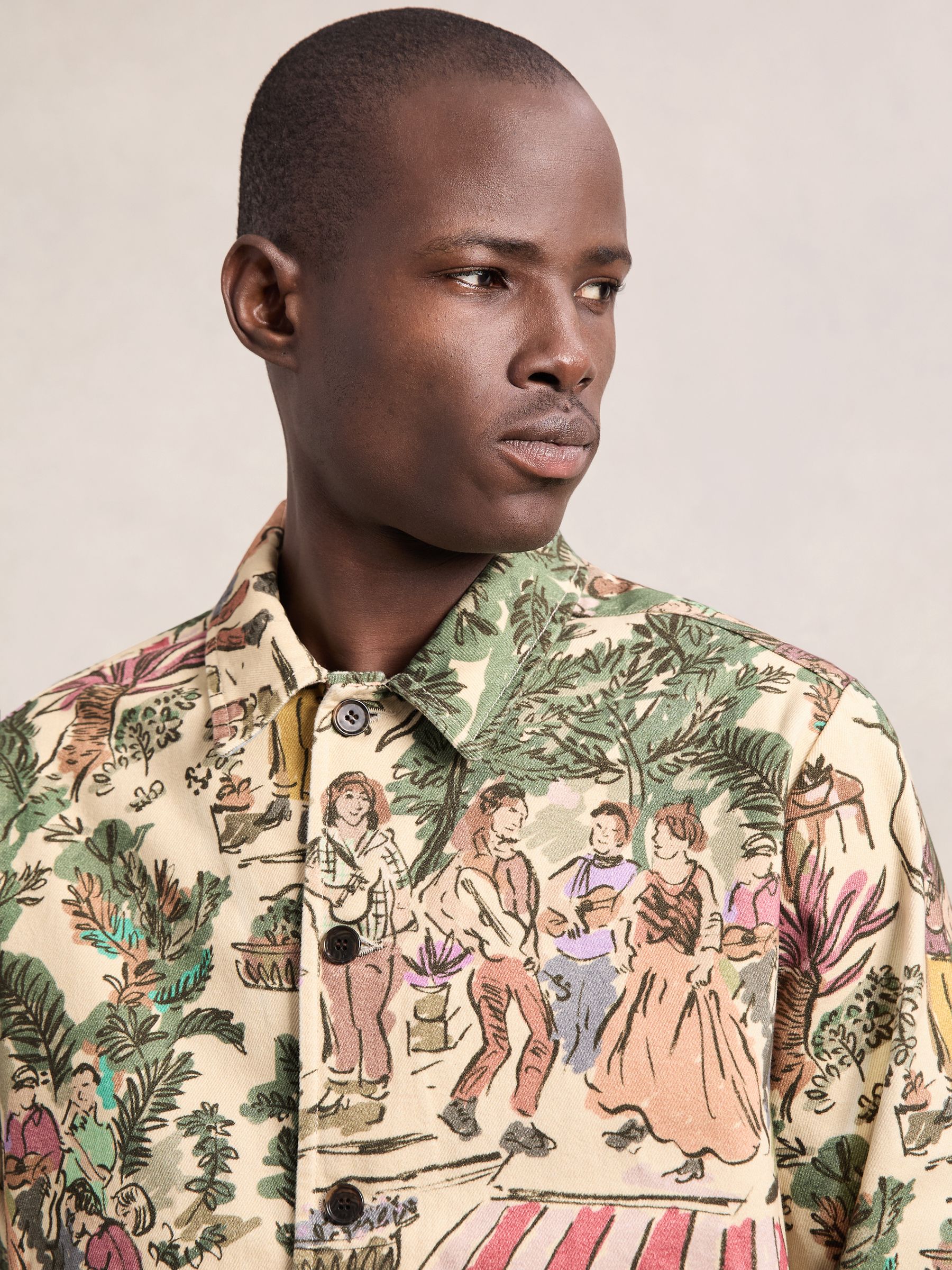 Les Deux Cotton Printed Worker Jacket in Oil Green