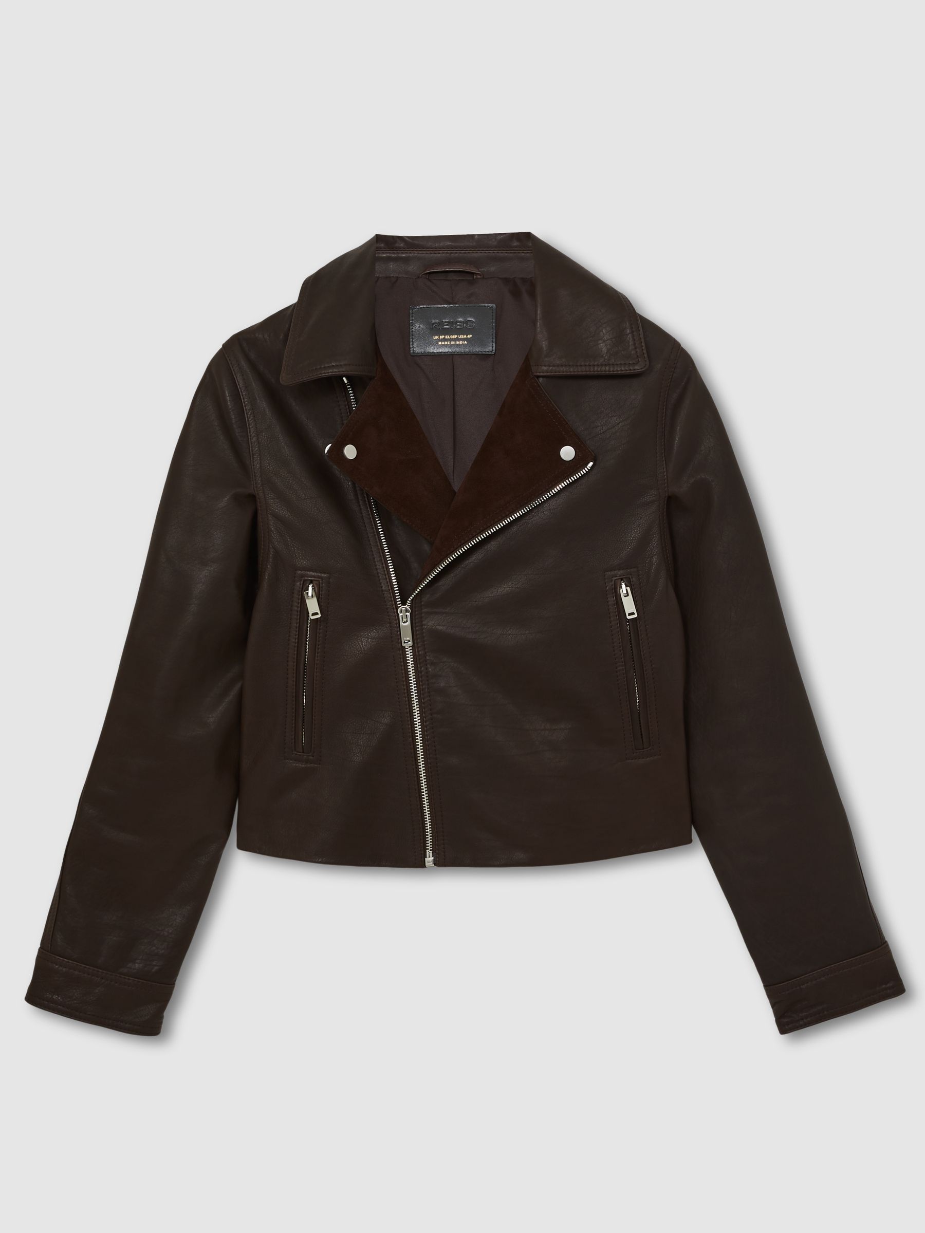 Petite Suede-Lapel Leather Biker Jacket in Chocolate Brown