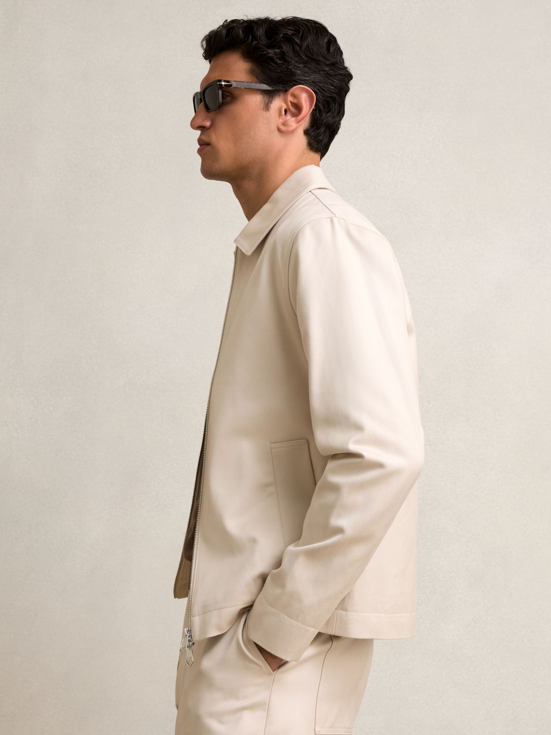 Lyocell-Cotton Zip-Through Twill Jacket in Ecru