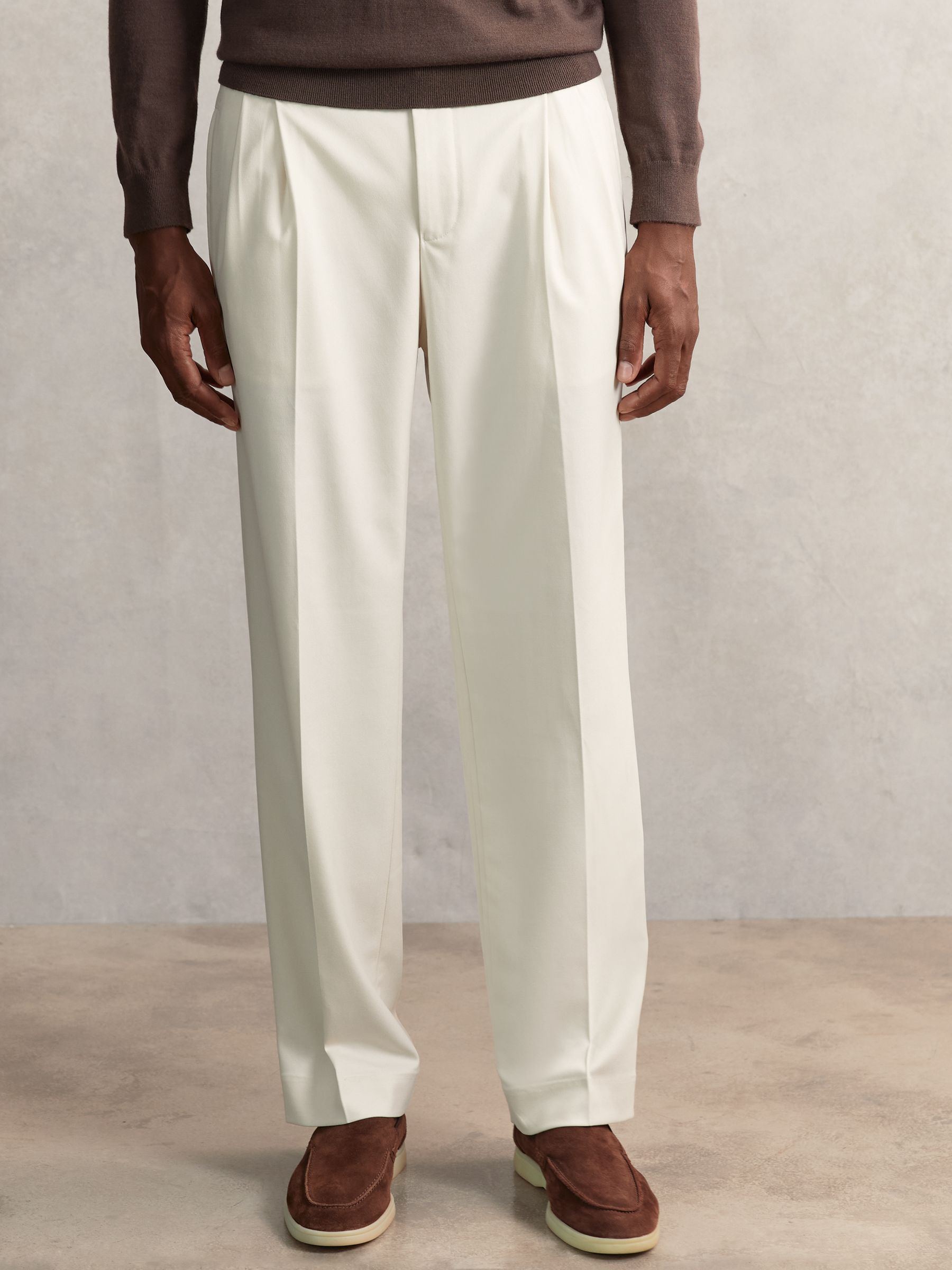 Wide Leg Pleated Drawstring Trousers in Ecru