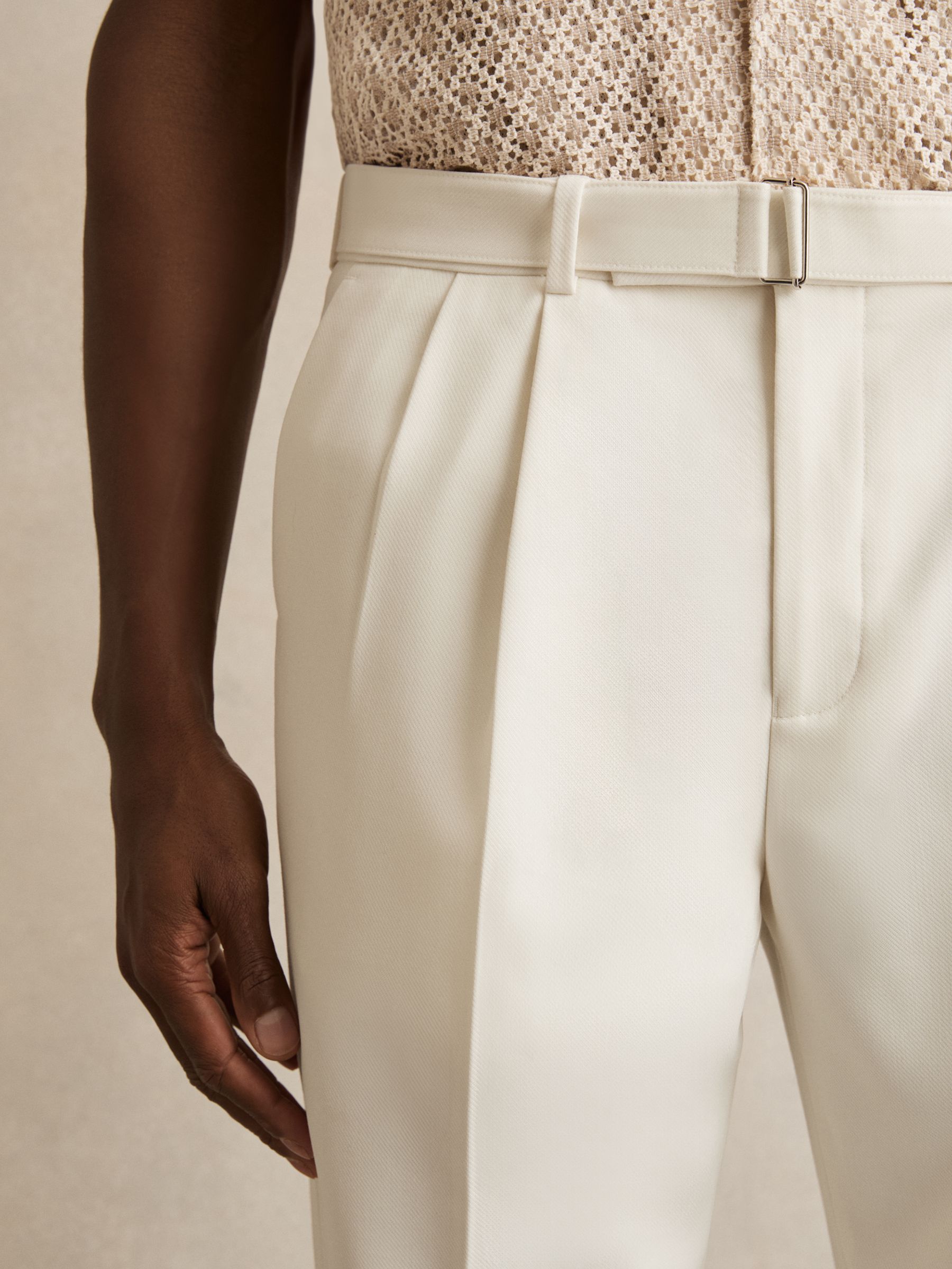 Wool-Blend Tailored-Fit Belted Trousers in White