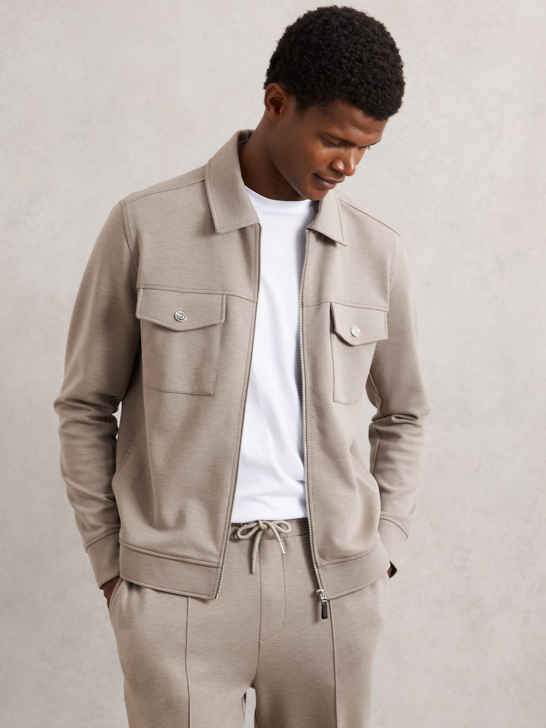 Interlock Jersey Zip-Through Jacket in Taupe Brown