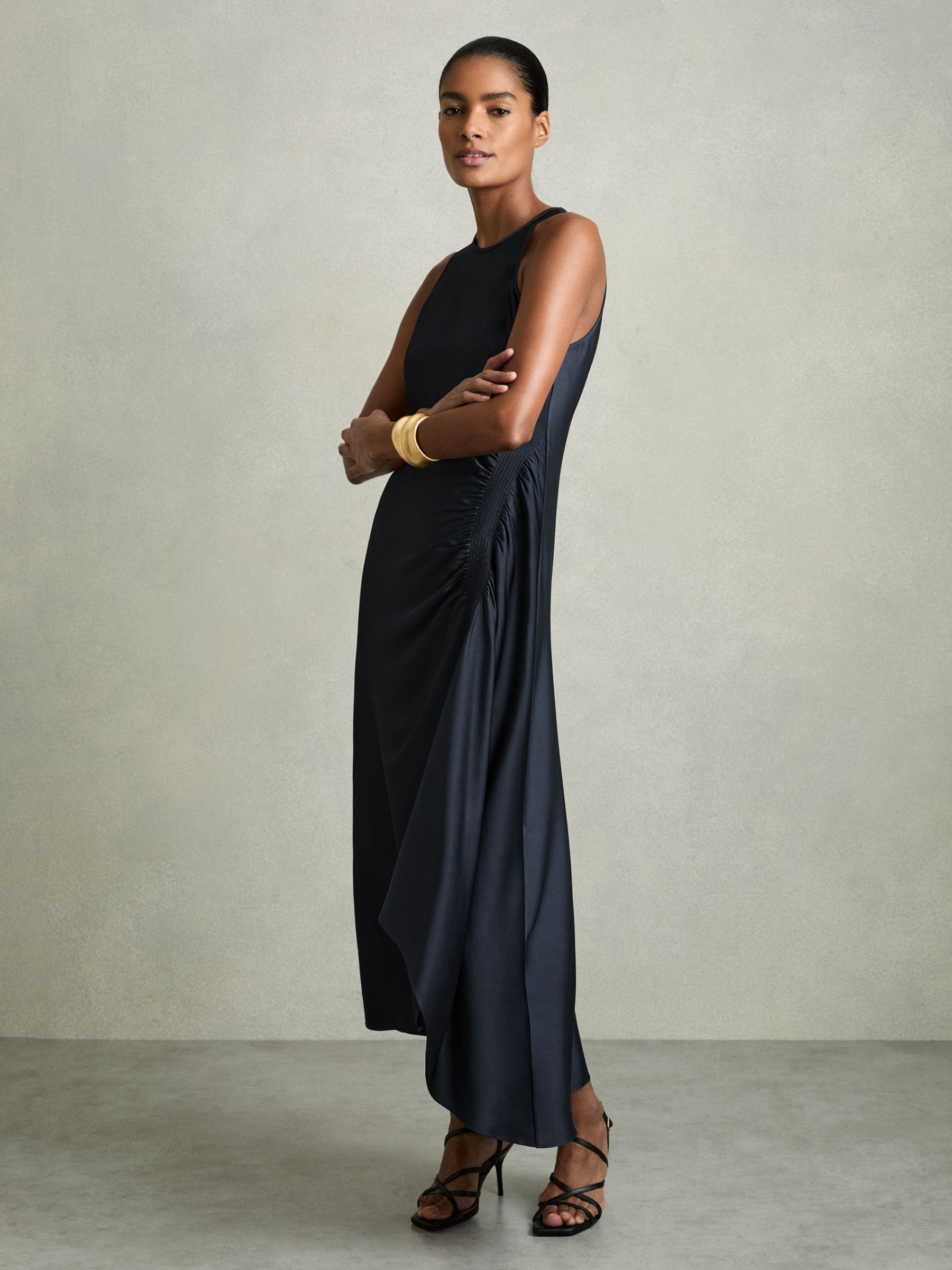 Petite Satin Shirred Midi Dress in Navy