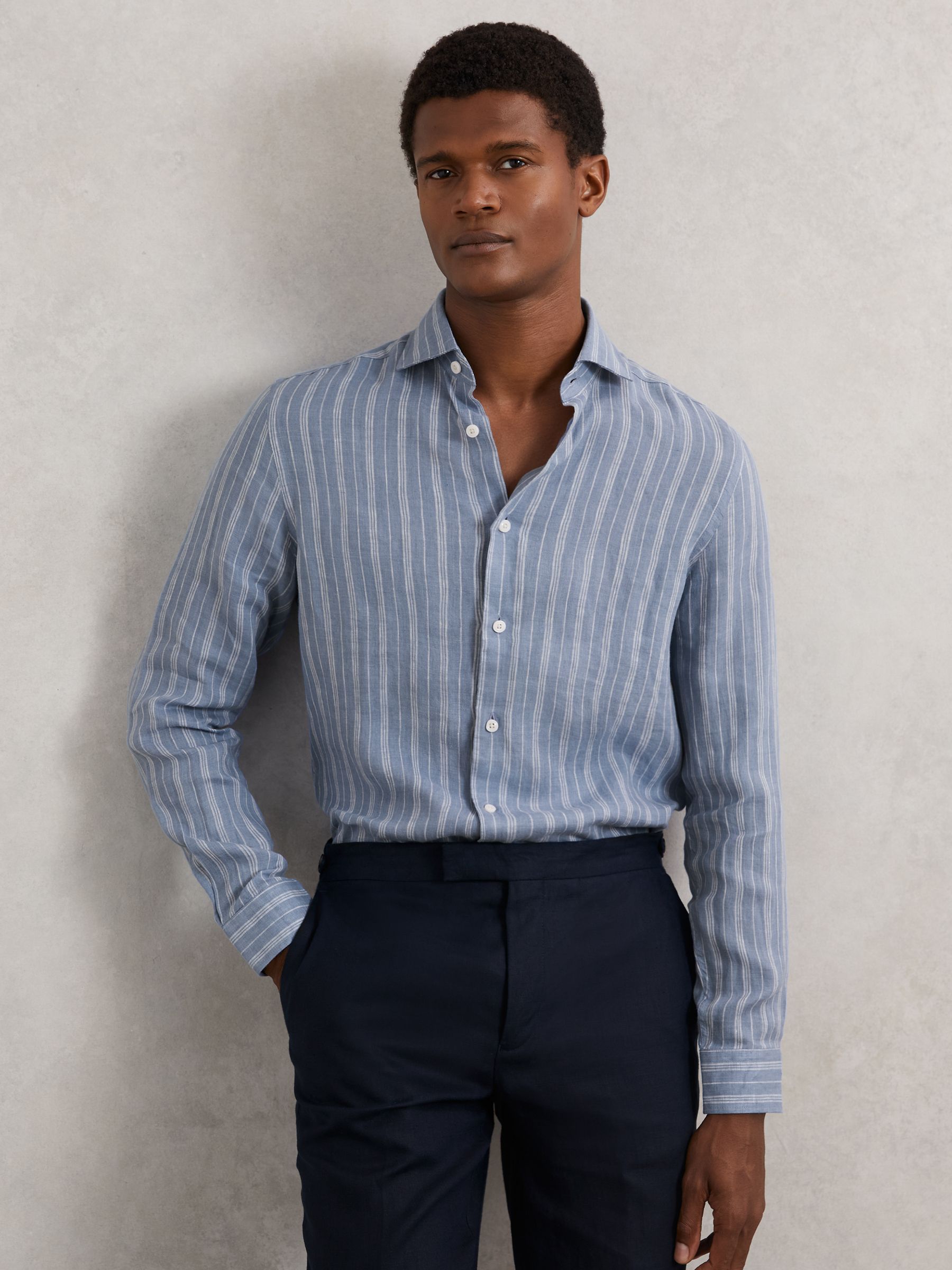 Linen Stripe Long-Sleeve Shirt in Airforce Blue/White