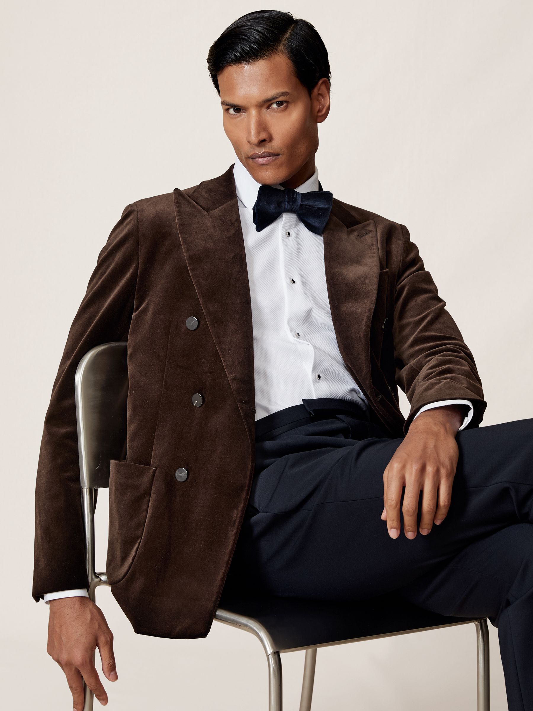 Double-Breasted Velvet Blazer Slim-Fit in Chocolate Brown