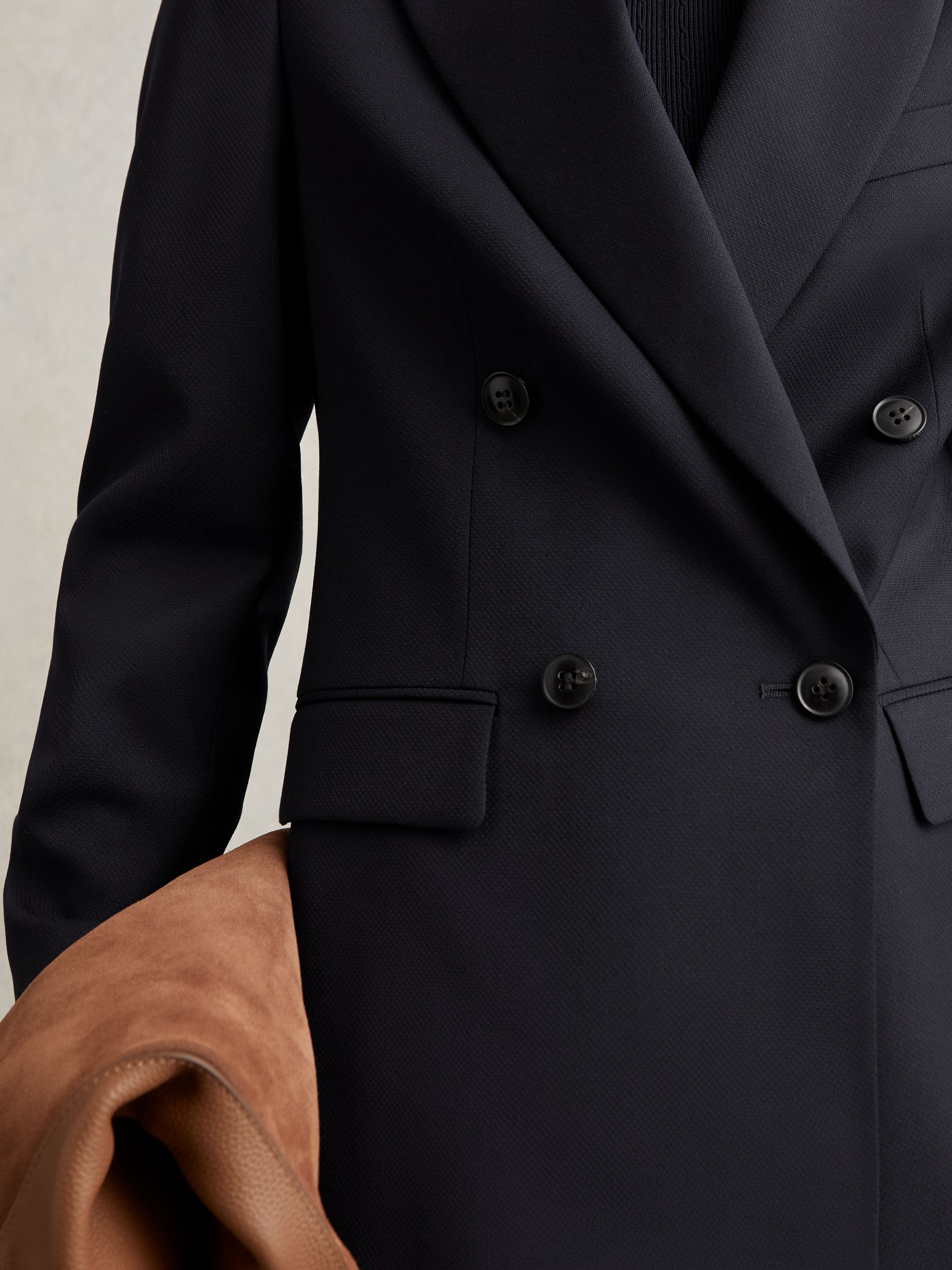 Wool Blend Double Breasted Suit Blazer in Navy