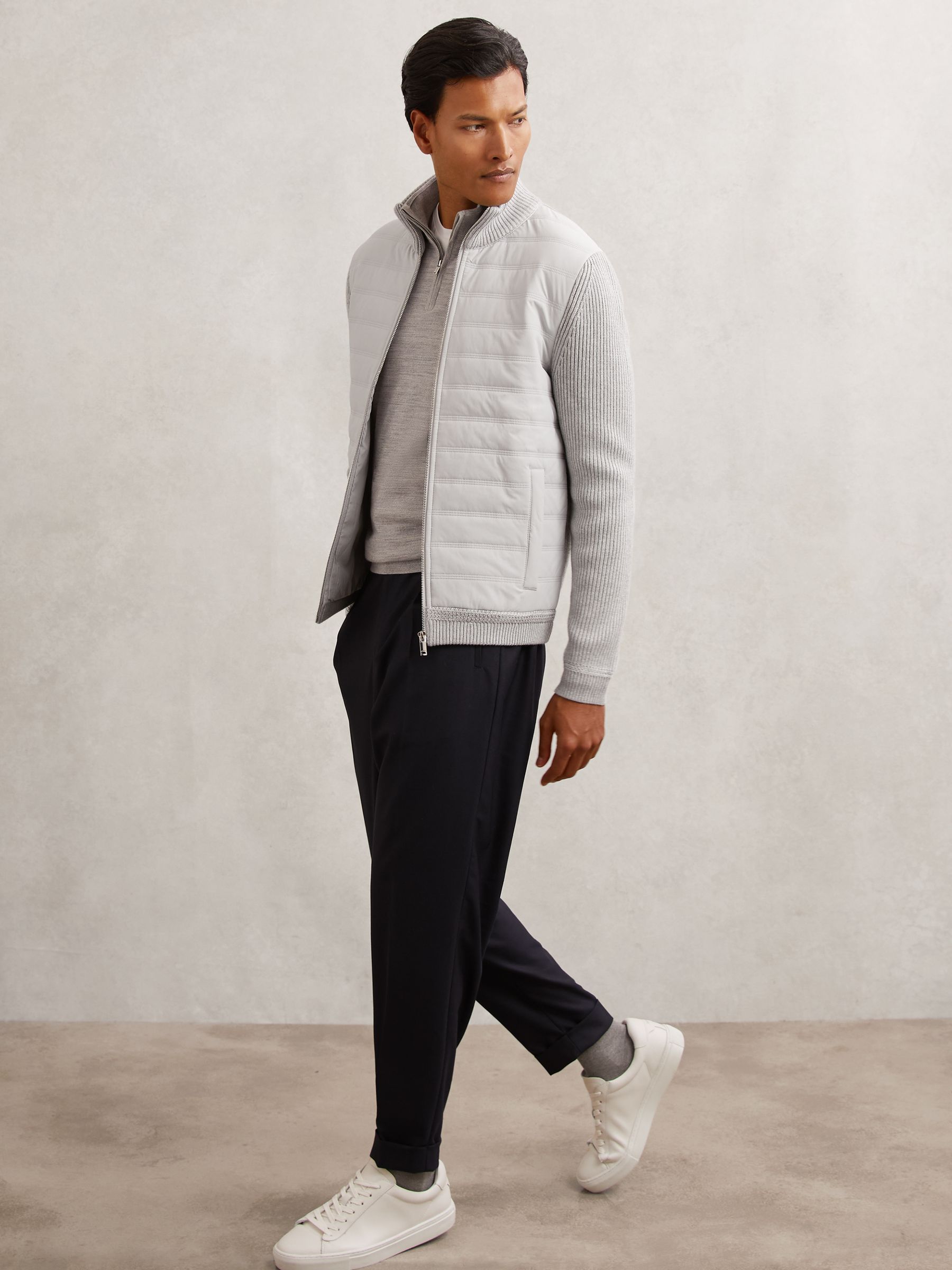 Quilted Rib-Knit Funnel-Neck Jacket in Soft Grey