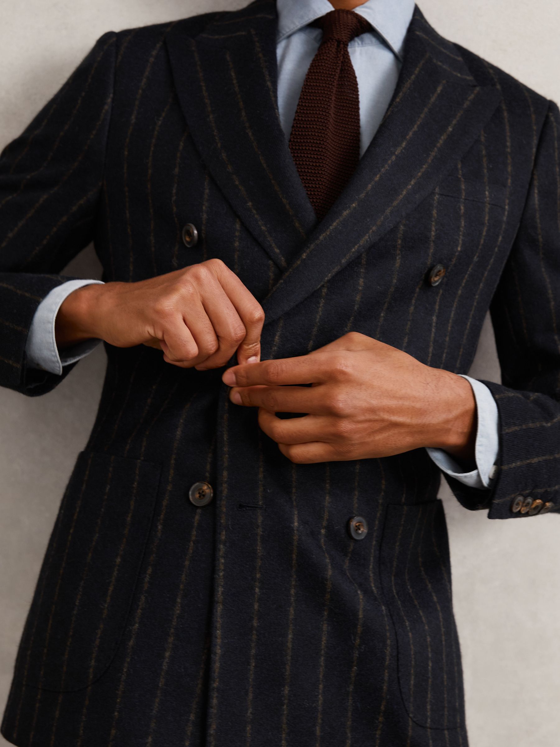 Double-Breasted Chalk-Stripe Blazer Tailored-Fit with Wool in Navy