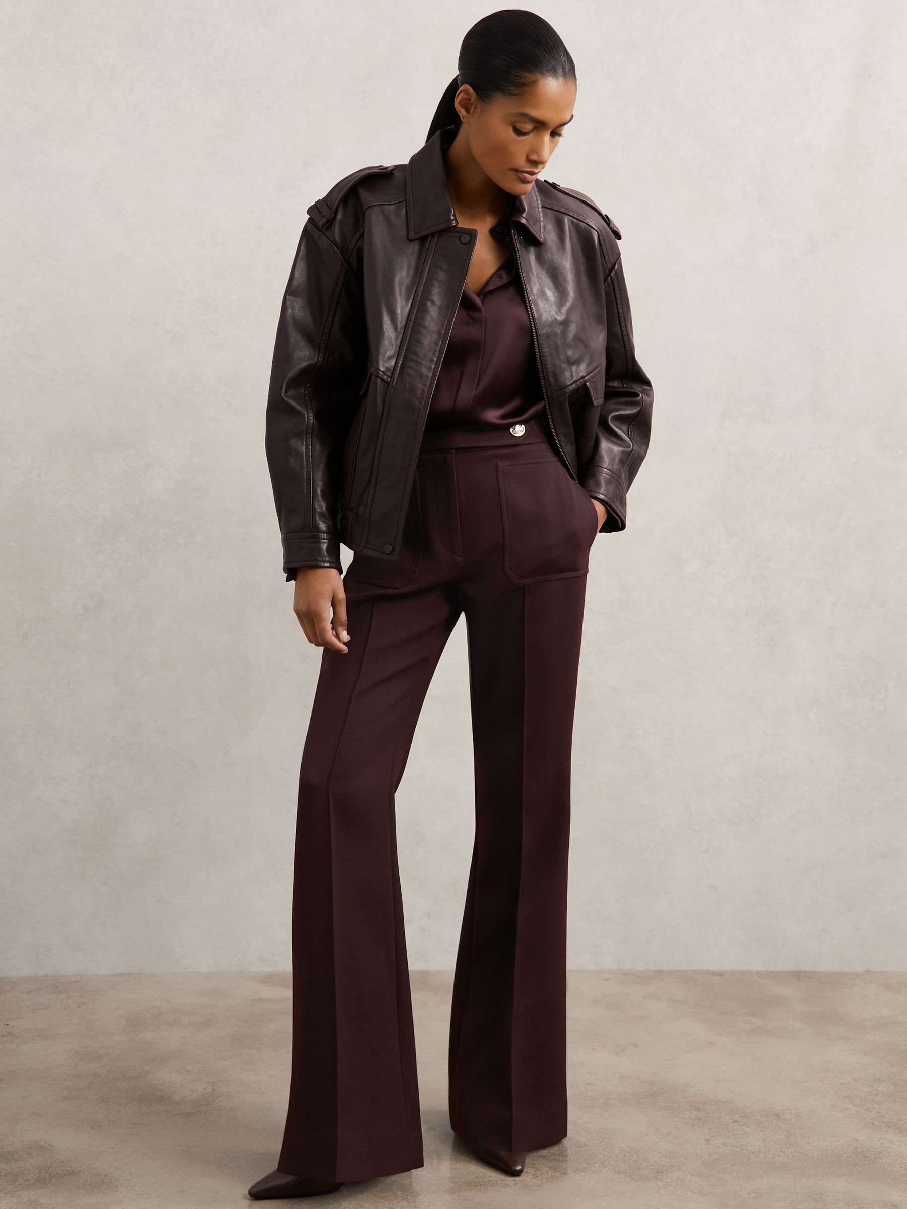 Petite Twill Button-Tab Flared Trousers With Wool in Burgundy