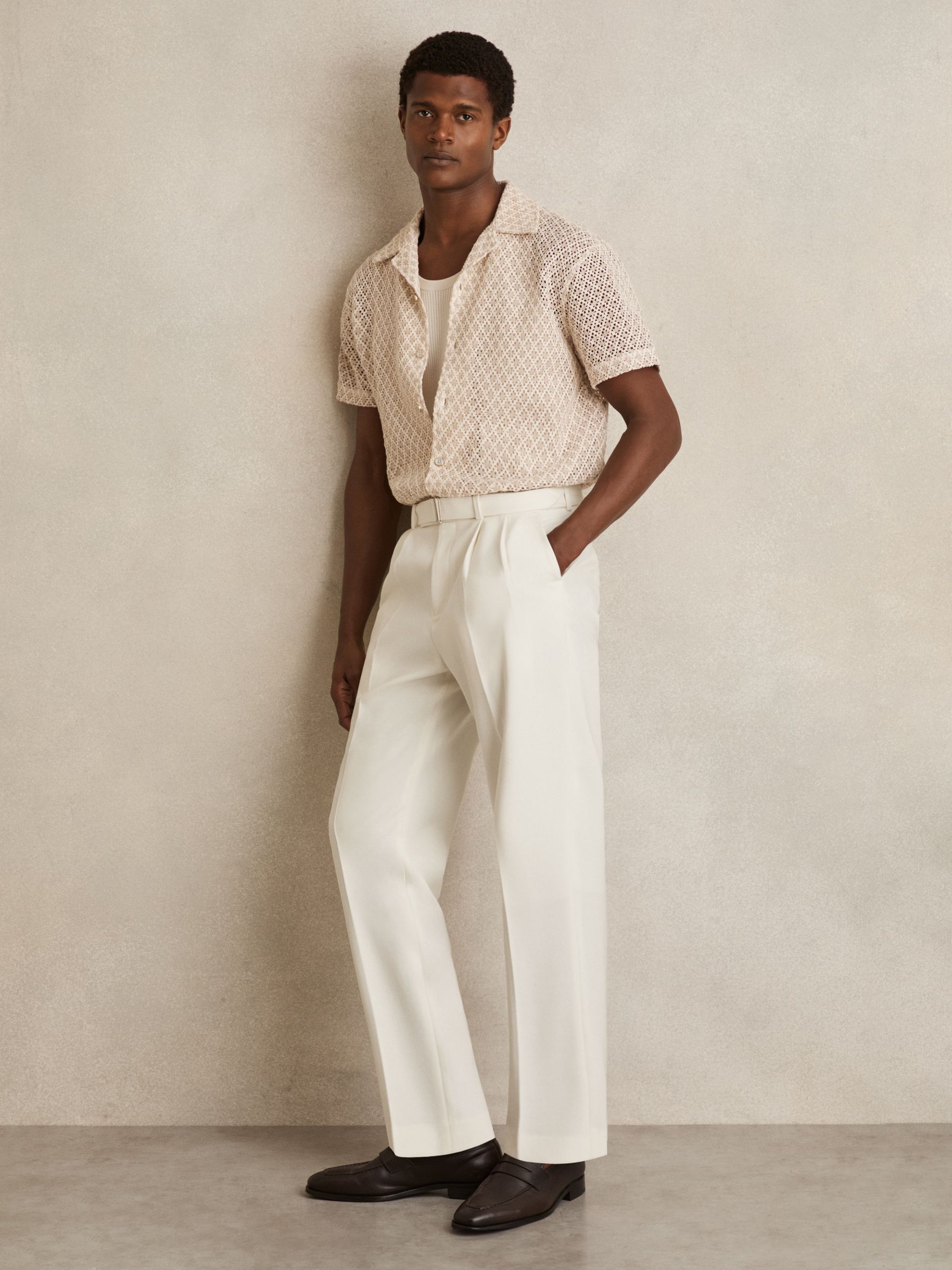 Wool-Blend Tailored-Fit Belted Trousers in White