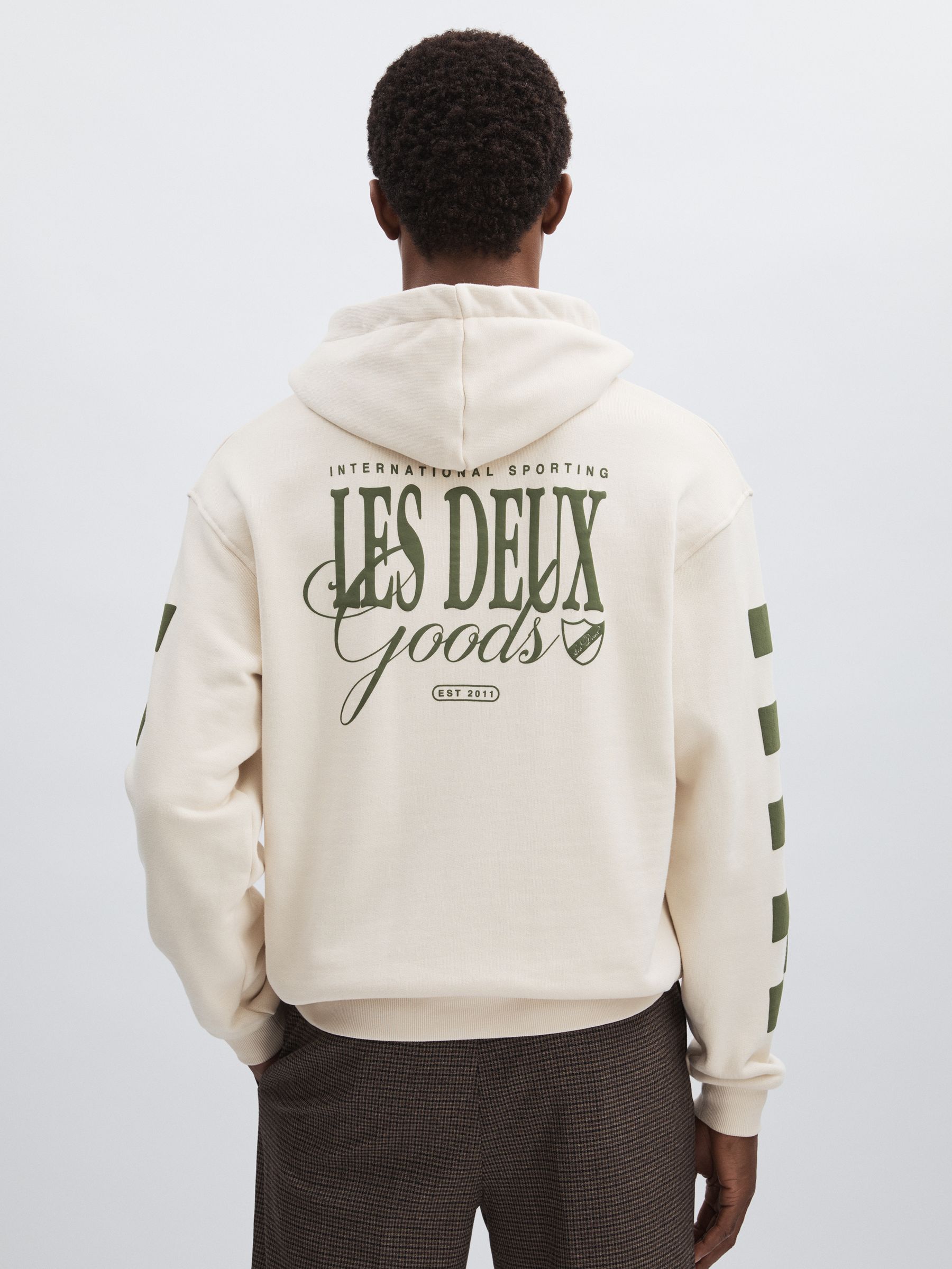 Les Deux 100% Cotton Goods Print Hoodie in Ivory/Green