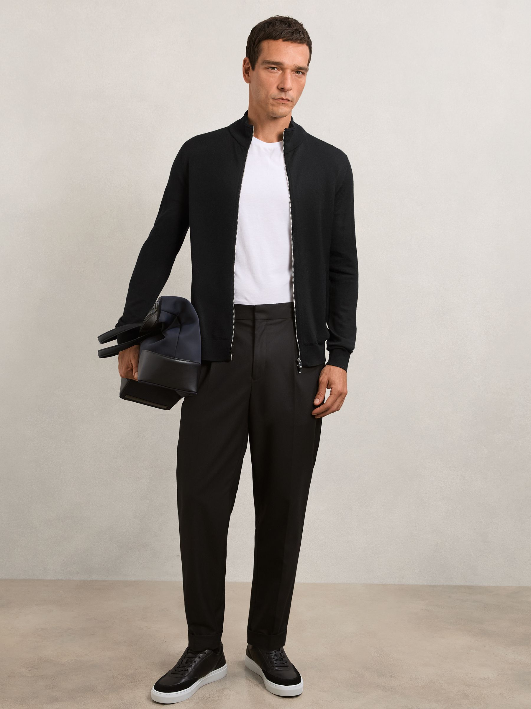 Merino Wool Zip-Through Cardigan in Black