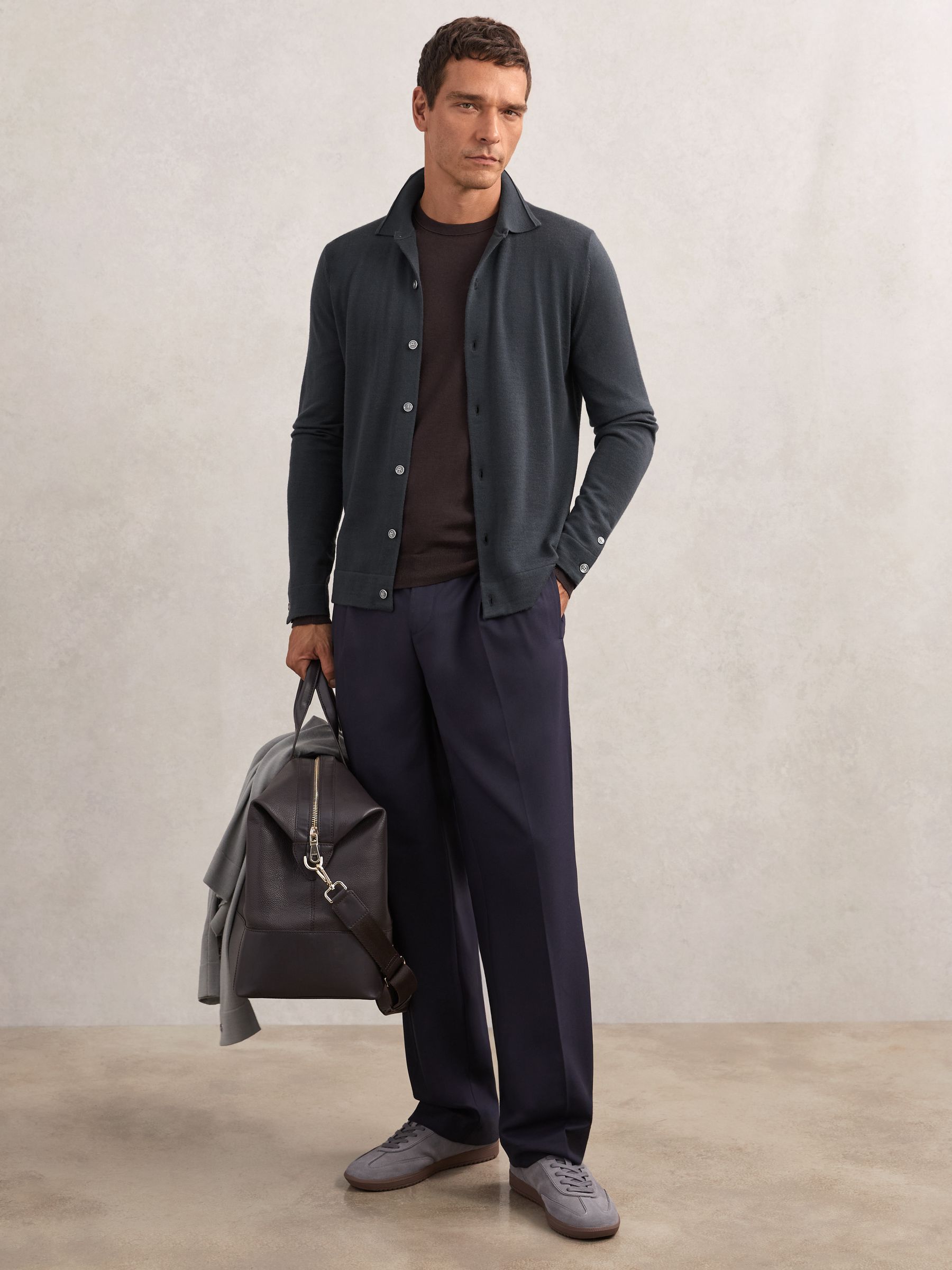 Merino Wool Button-Through Cardigan in Bottle Green