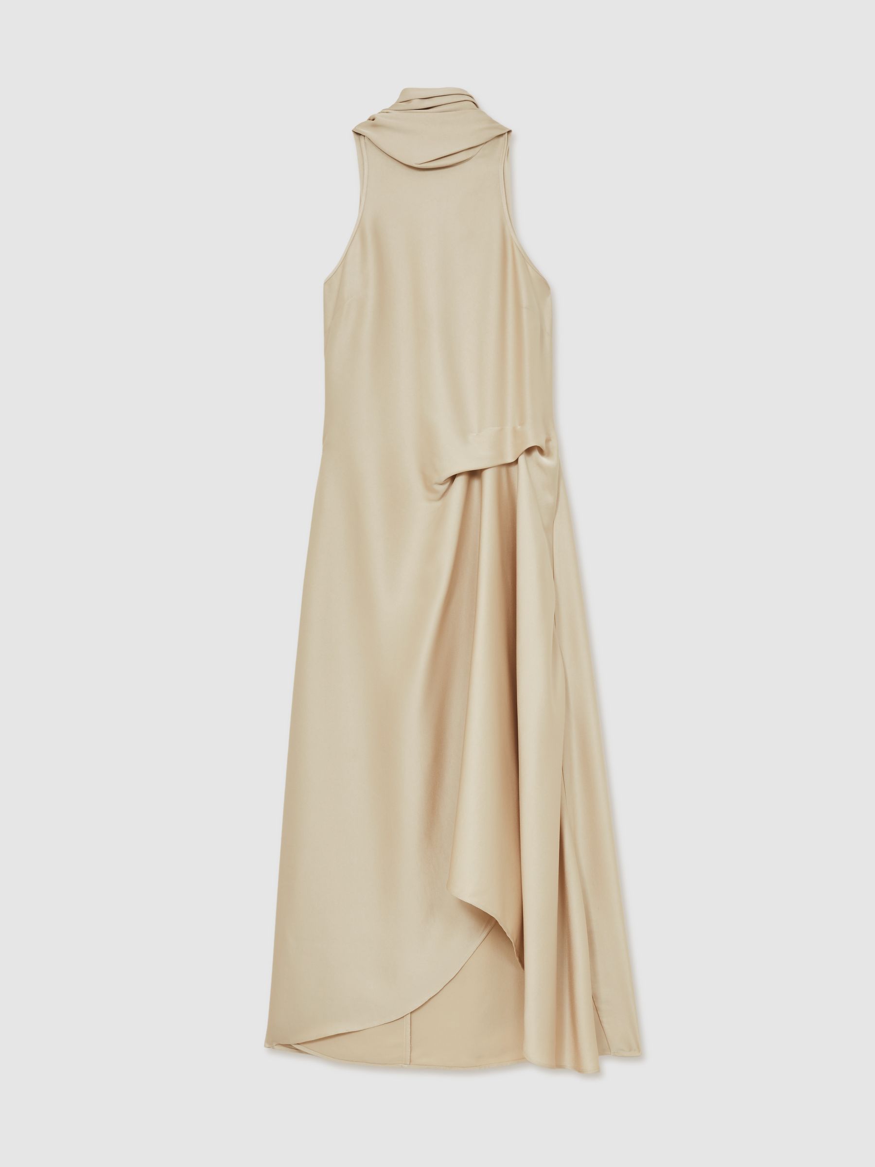Satin Tuck-Detail Cape Midi Dress in Champagne Neutral