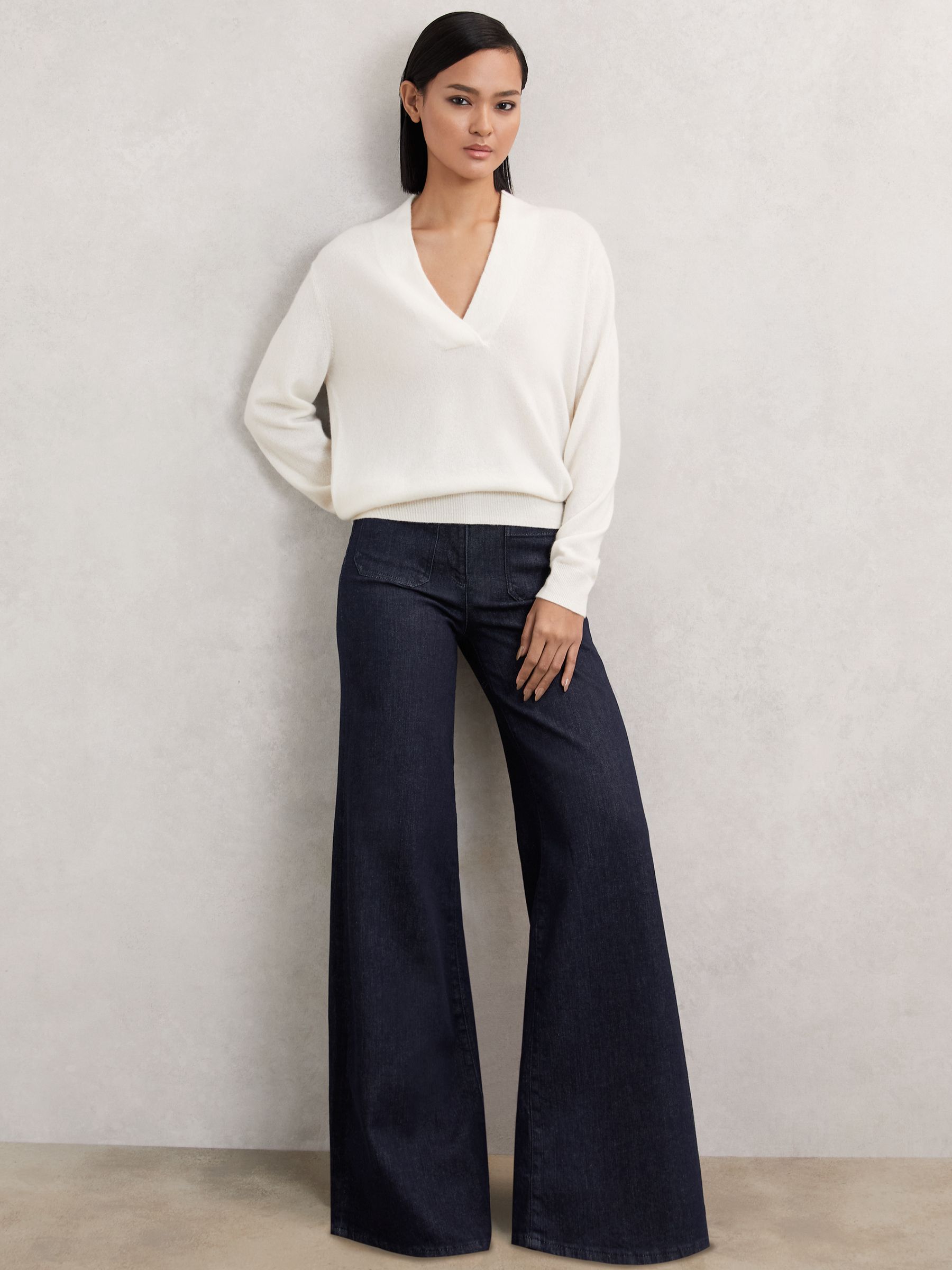 Petite Patch Pocket Wide Leg Jeans in Dark Blue